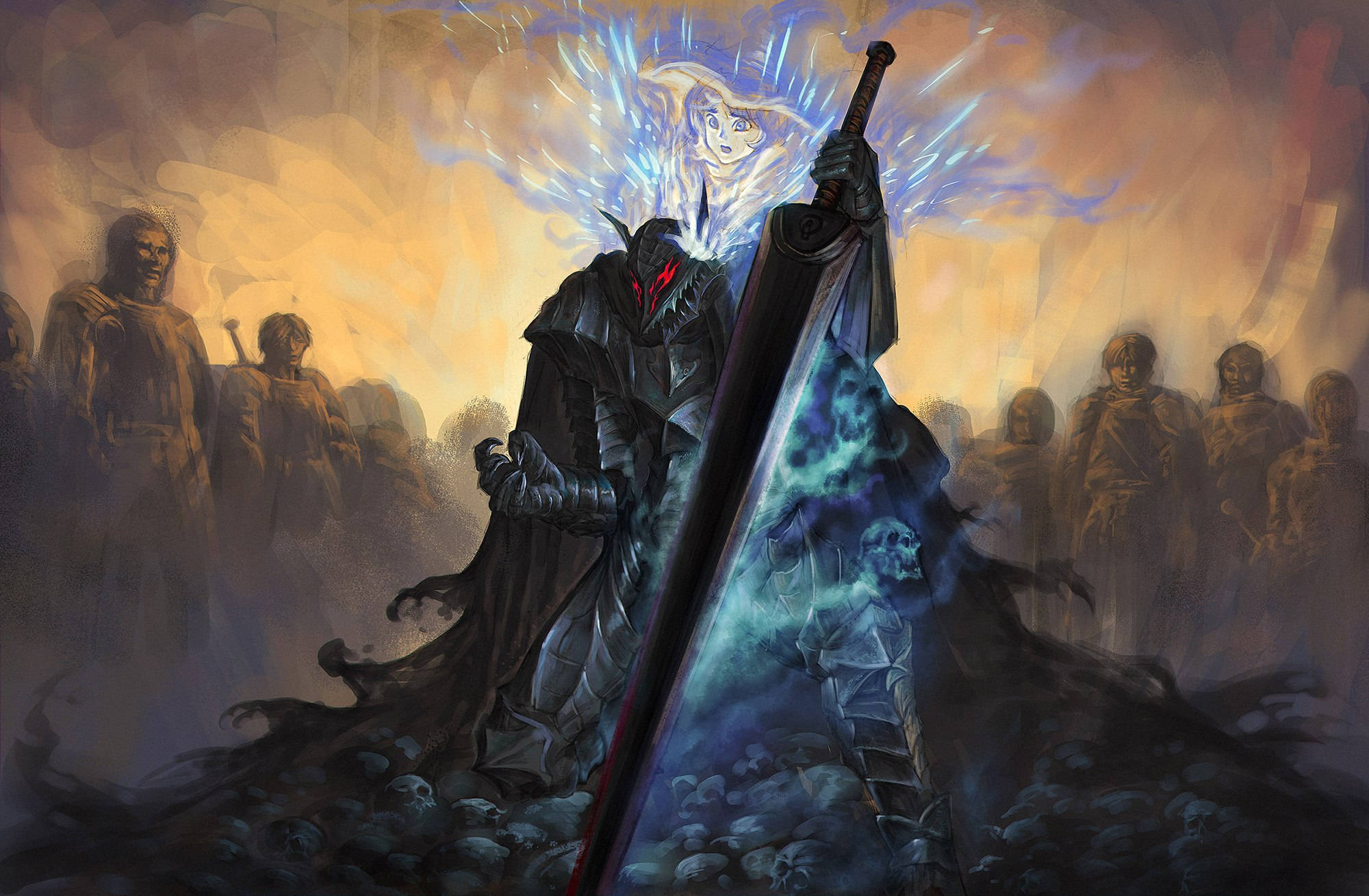 Berserk Guts 桌布 壁紙 — 一名黑暗騎士揮舞著發光的劍，一個幽靈般的女人出現在他上方，周圍是骷髏和陰影人物。