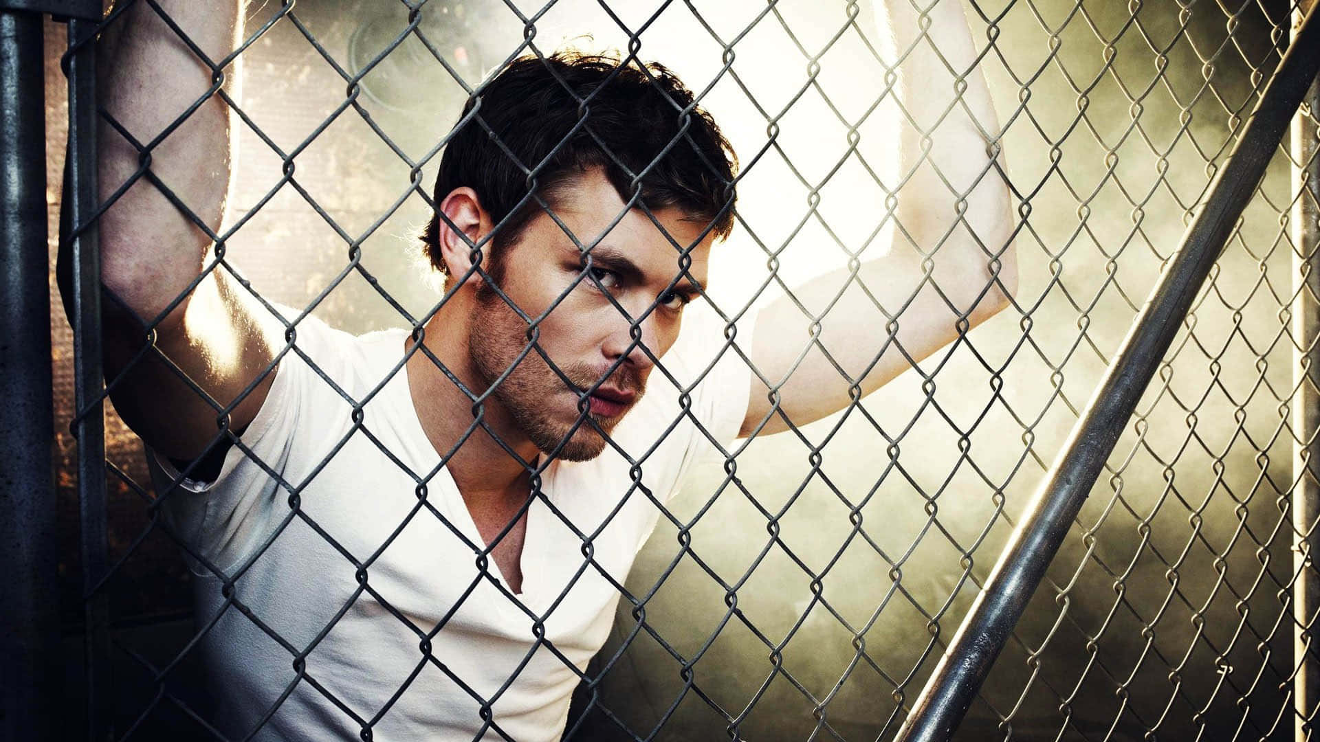 Vampire Diaries Desktop 桌布 壁紙 — 一名黑髮帶鬍渣的男子靠著鐵絲網，在溫暖的背光下以強烈的目光凝視著觀眾。