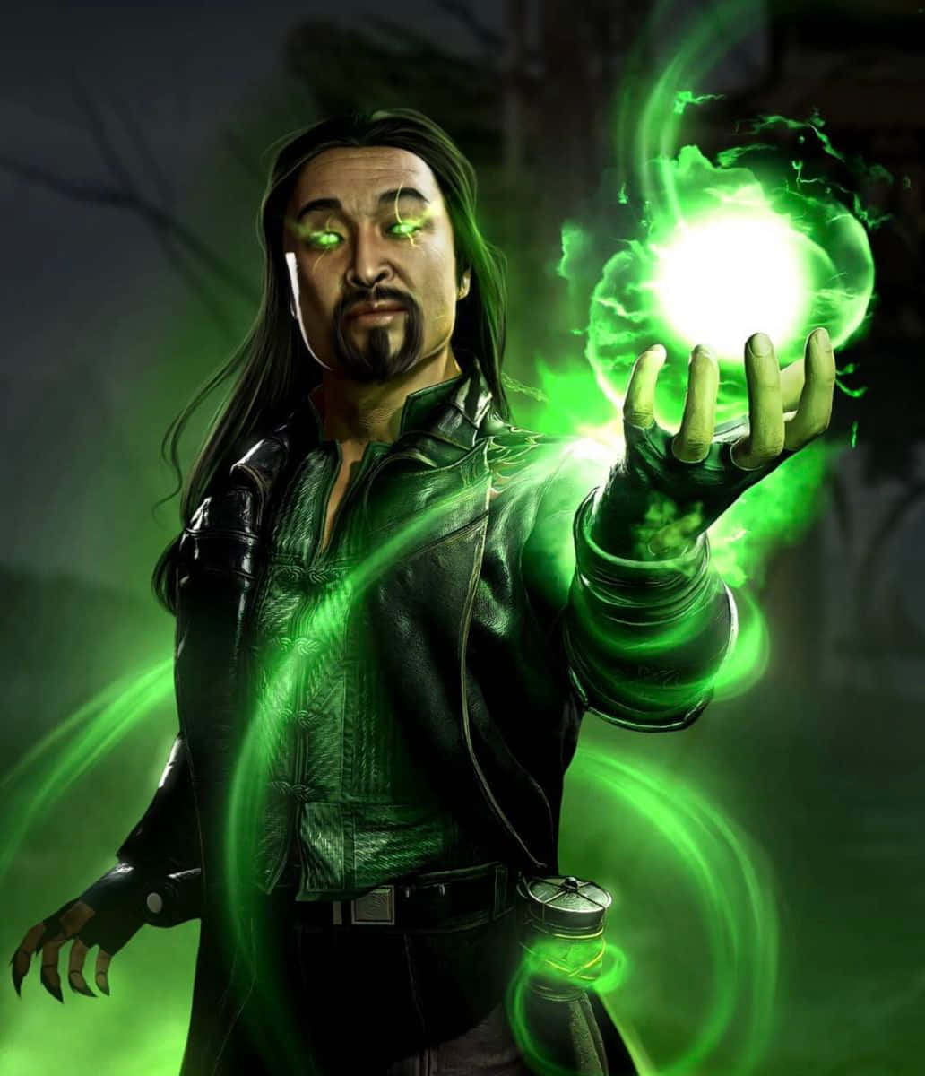 Mortal Kombat Shang Tsung 桌布 壁紙 — 一名黑髮男子身穿皮夾克，在陰暗背景下將發光的綠色能量引導至手掌上方的球體中。