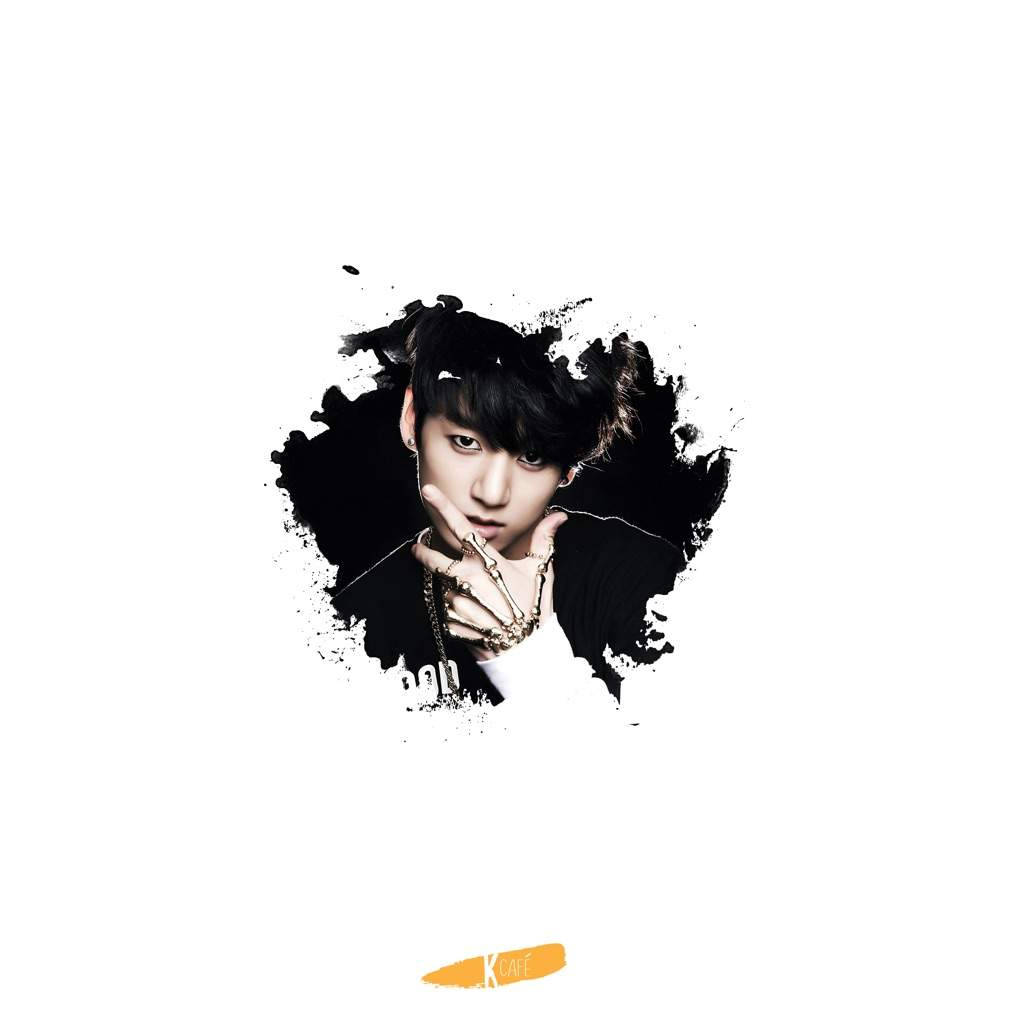 BTS 桌布 壁紙 — 一名黑髮金飾的年輕男子從純白背景上的黑色墨水飛濺中浮現。