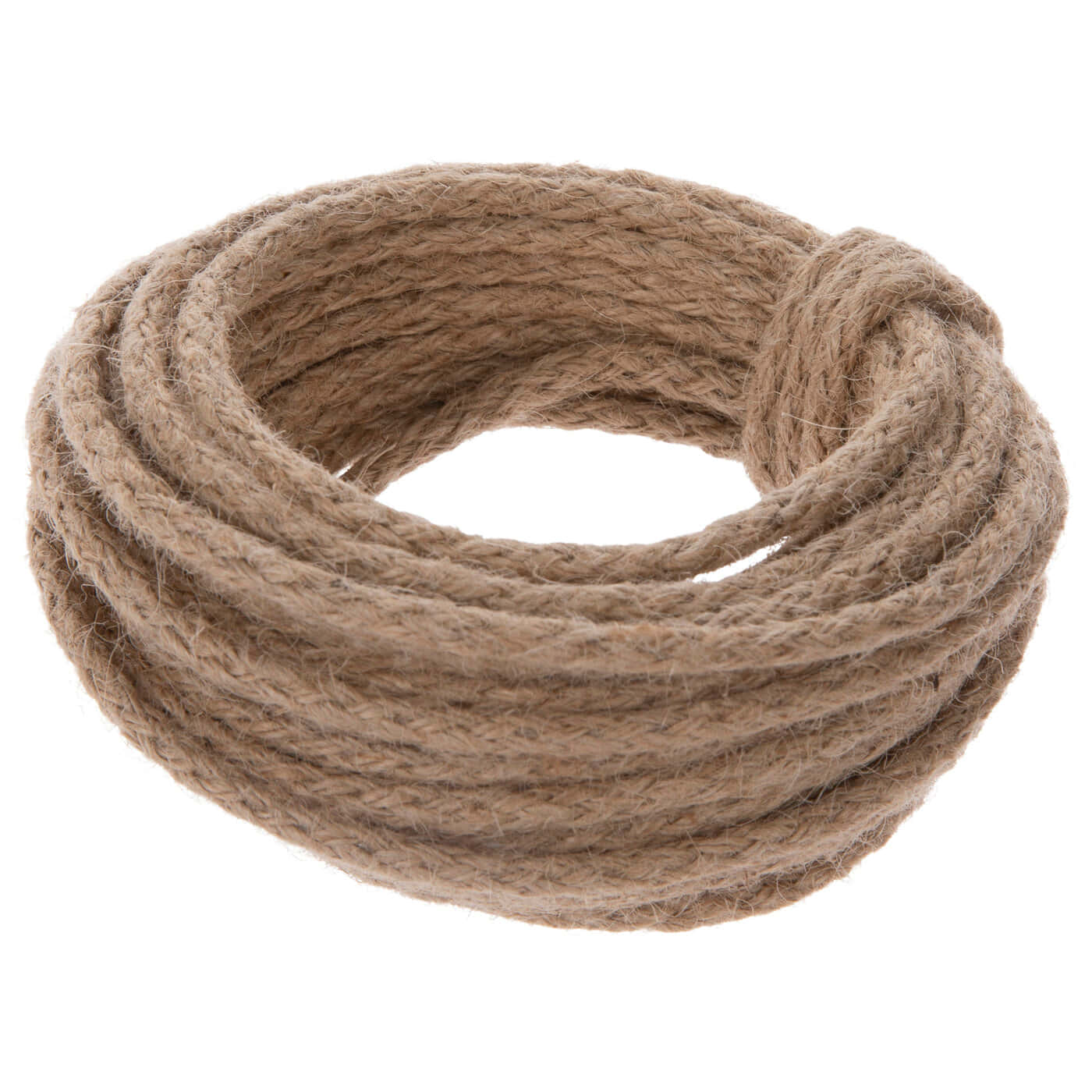 rope 桌布 壁紙 — 一圈粗厚的天然纖維繩索，帶有紋理股線和磨損的纖維，置於純白背景上。