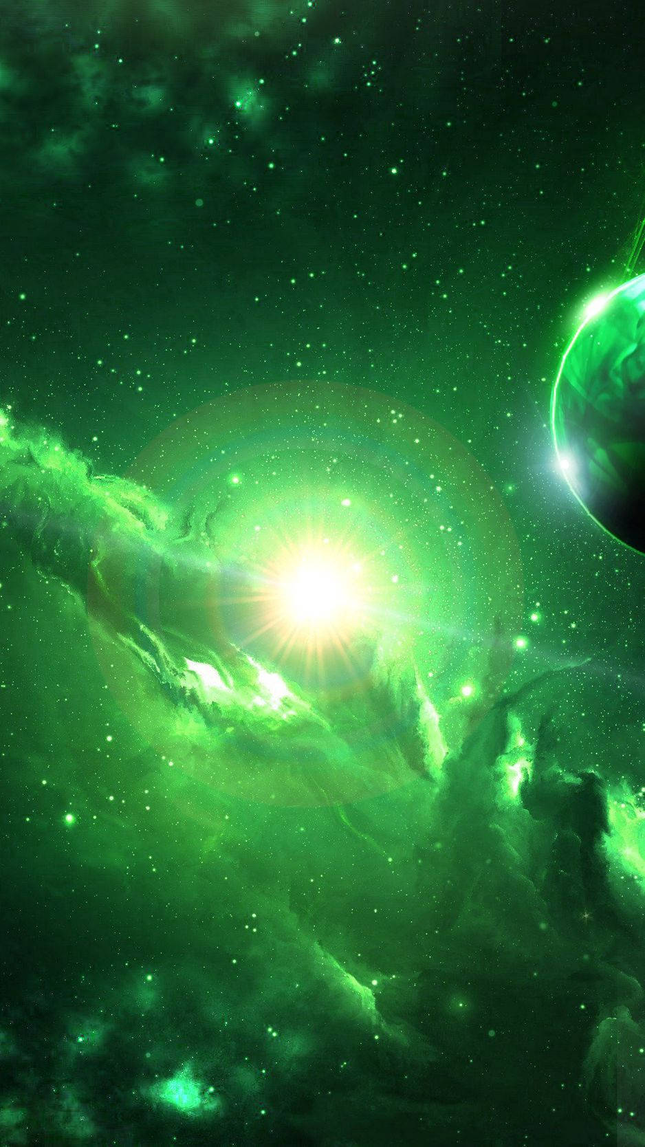 銀河 桌布 壁紙 — 一團光芒四射的綠色星雲圍繞著一顆發光的恆星旋轉，該恆星有一顆行星在宇宙中運行。