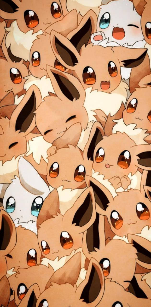 Eevee iPhone 桌布 壁紙 — 一團密集又可愛的伊布寶可夢，擁有溫暖的棕色毛髮和富有表情的眼睛，有些在眨眼或微笑。