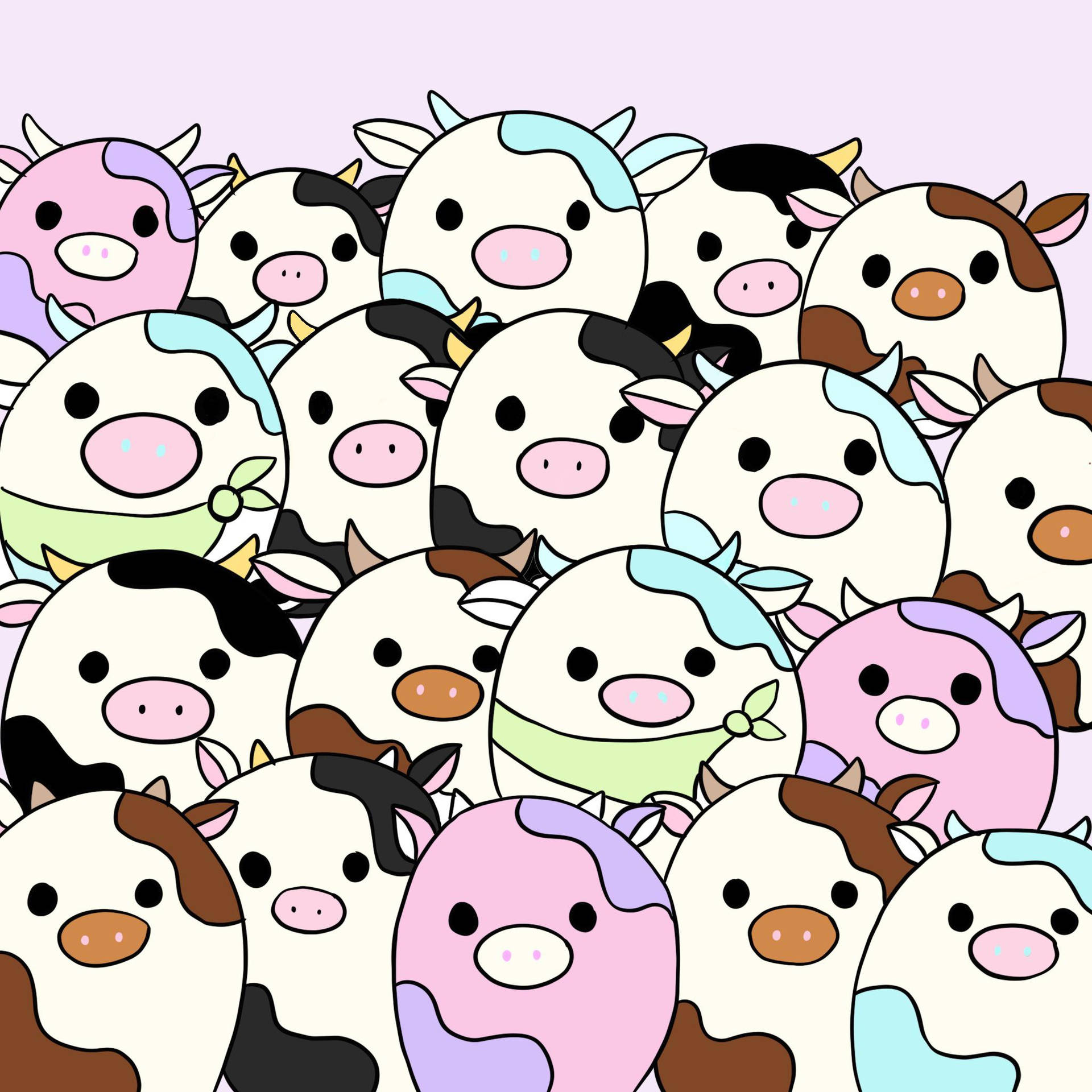 一團柔和色調的卡通牛，帶有簡單的臉和黑色眼睛。 — Squishmallows 壁紙