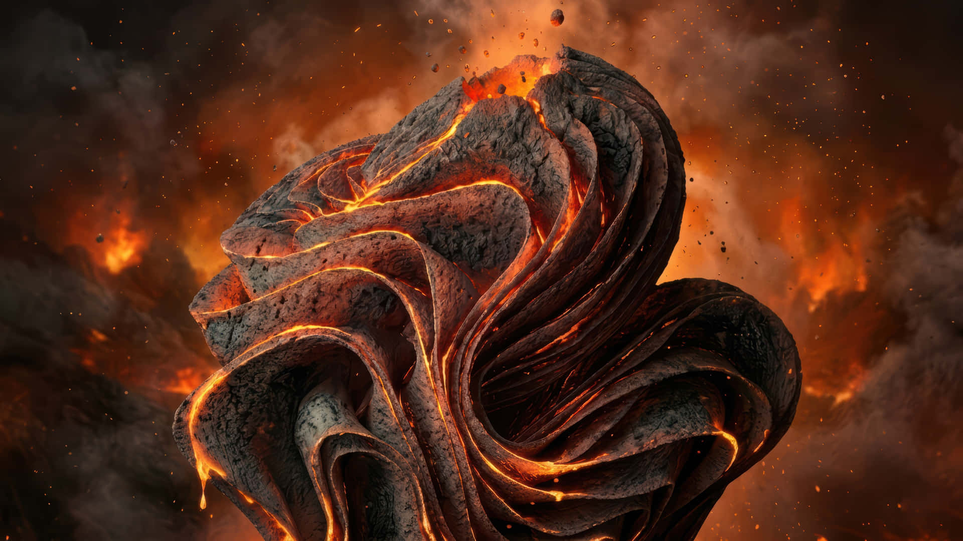 Volcano Bloom III modded wallpaper for desktop Enhancement, 壁紙 — 一團旋轉的熔岩流，帶有發光的橙色紋理，映襯著煙霧繚繞的熾熱天空。