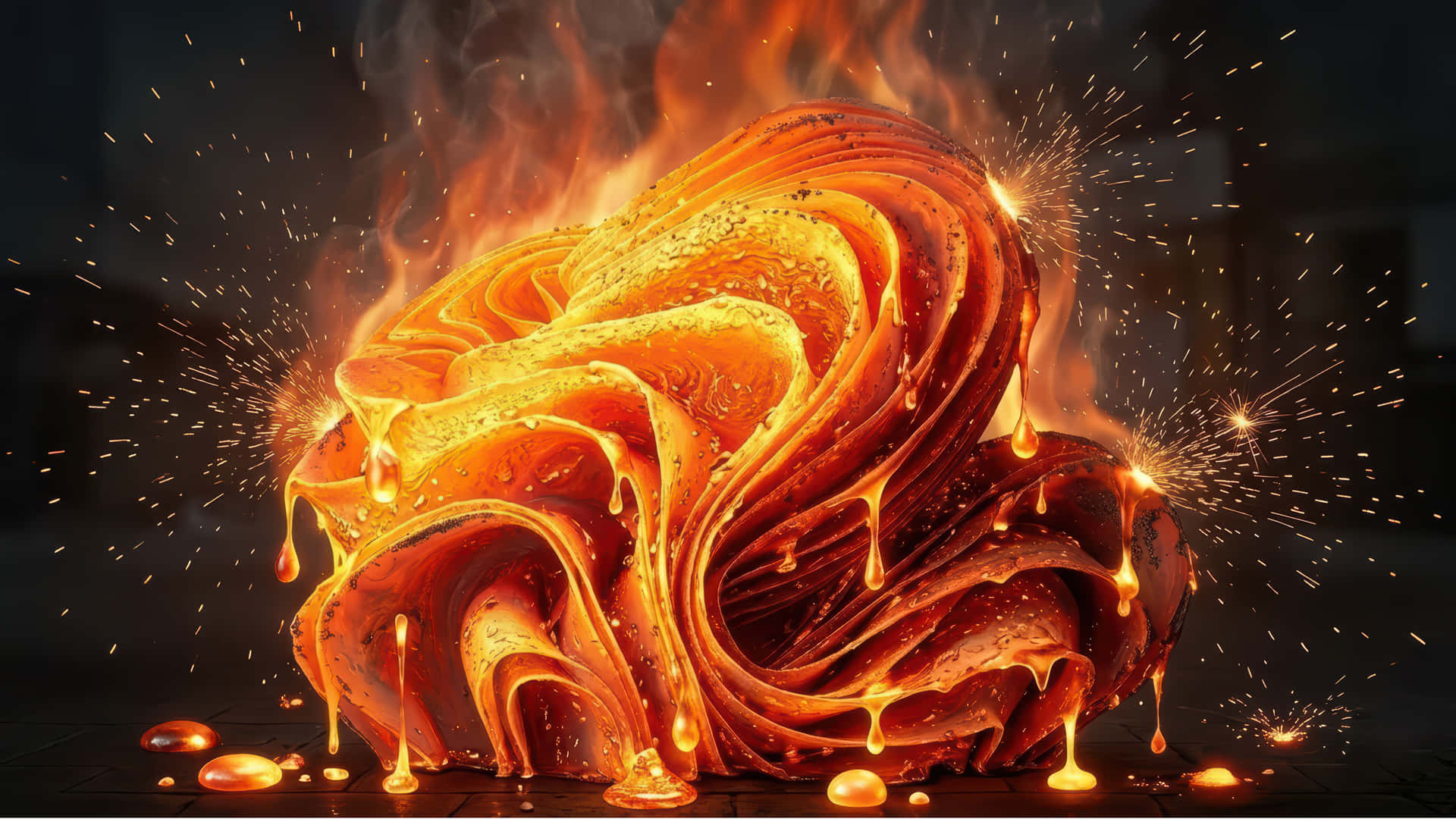 Molten steel Bloom II modded wallpaper for desktop Enhancement, 壁紙 — 一團旋轉的熔金滴落並迸發出火花，背景為黑暗，帶有發光的餘燼。