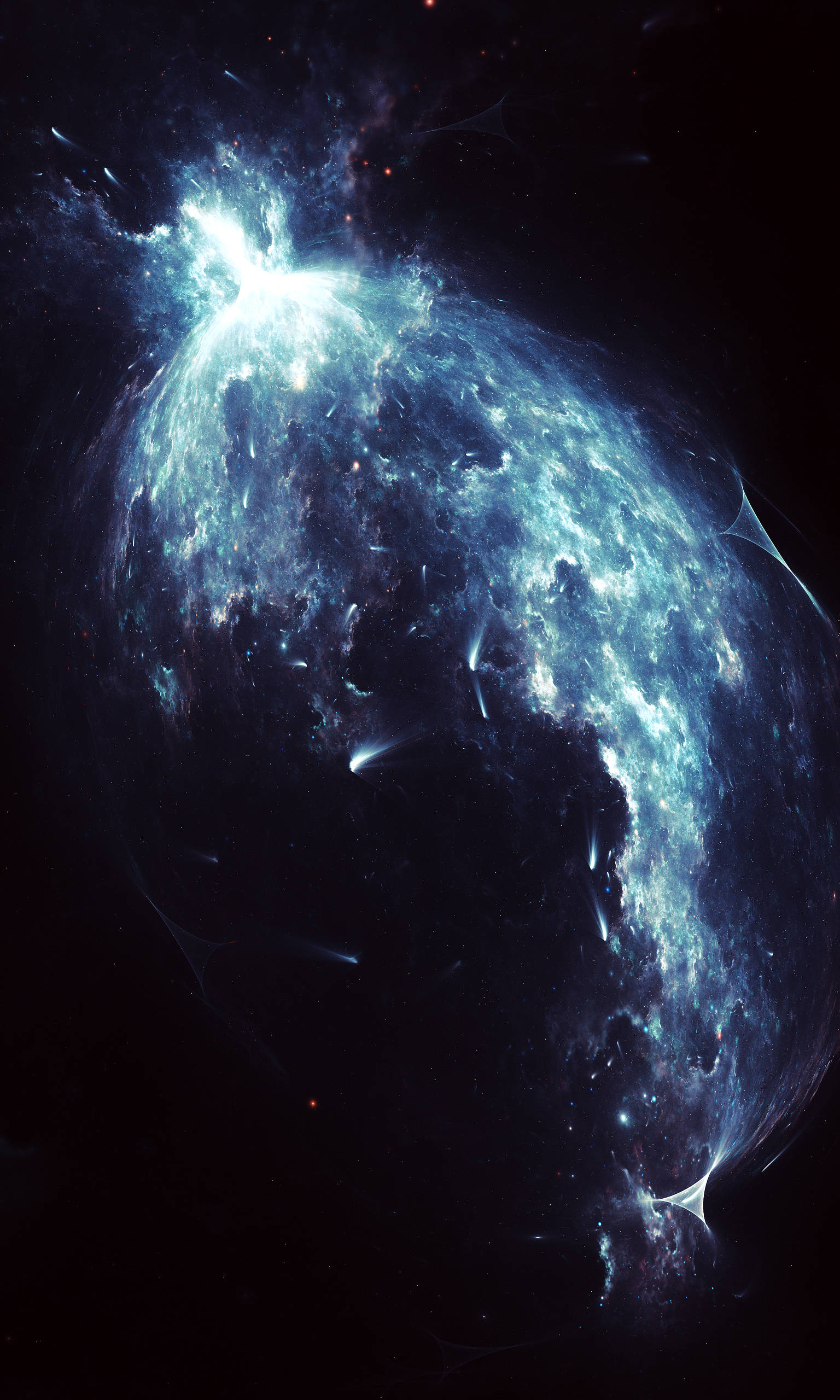 碎形 桌布 壁紙 — 一團明亮的藍色星雲在佈滿星點的黑色虛空中旋轉，充滿宇宙能量。