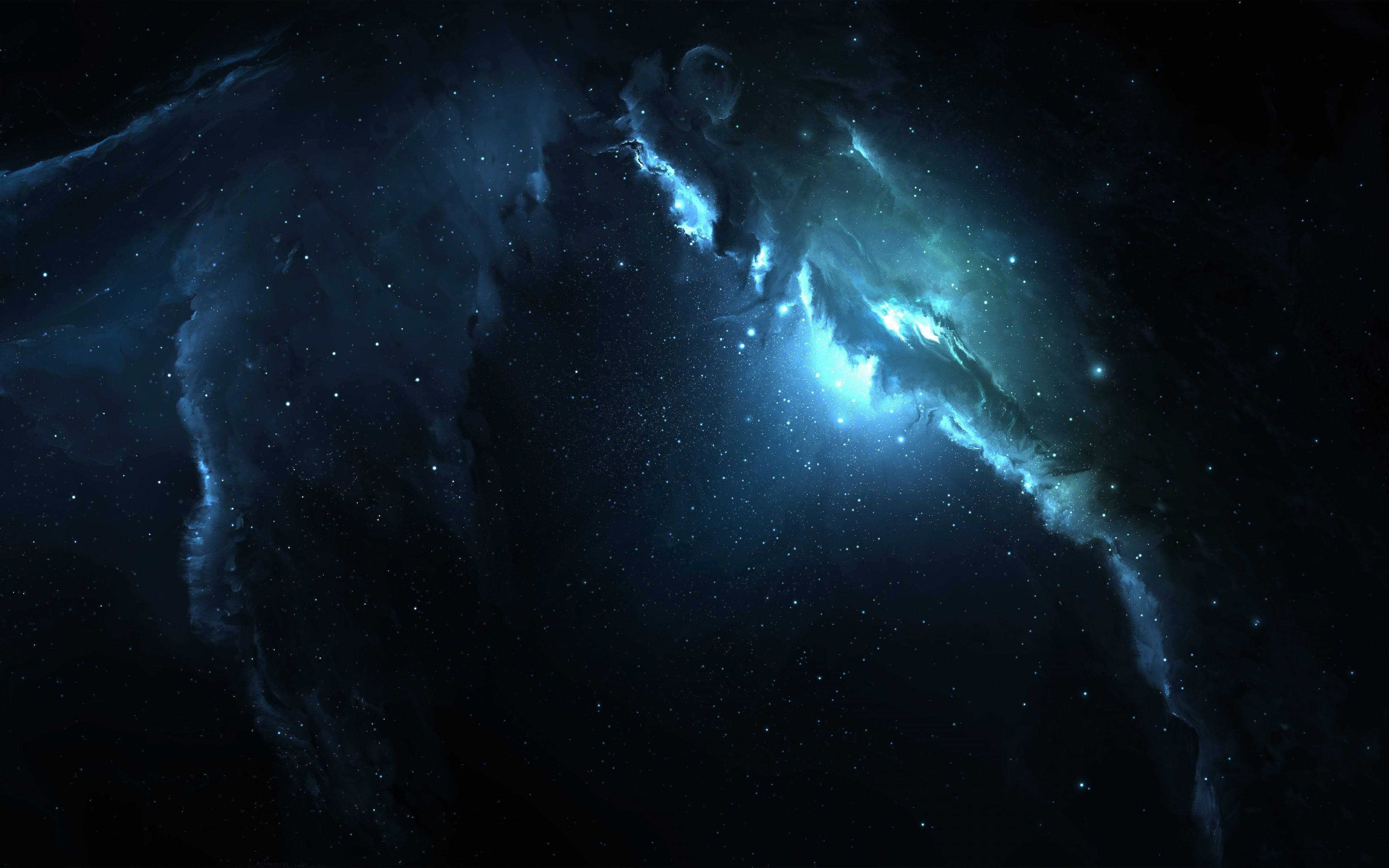 外太空 桌布 壁紙 — 一團明亮的藍色星雲在深邃的太空中旋轉，點綴著閃爍的星星，映襯著黑暗的宇宙虛空。