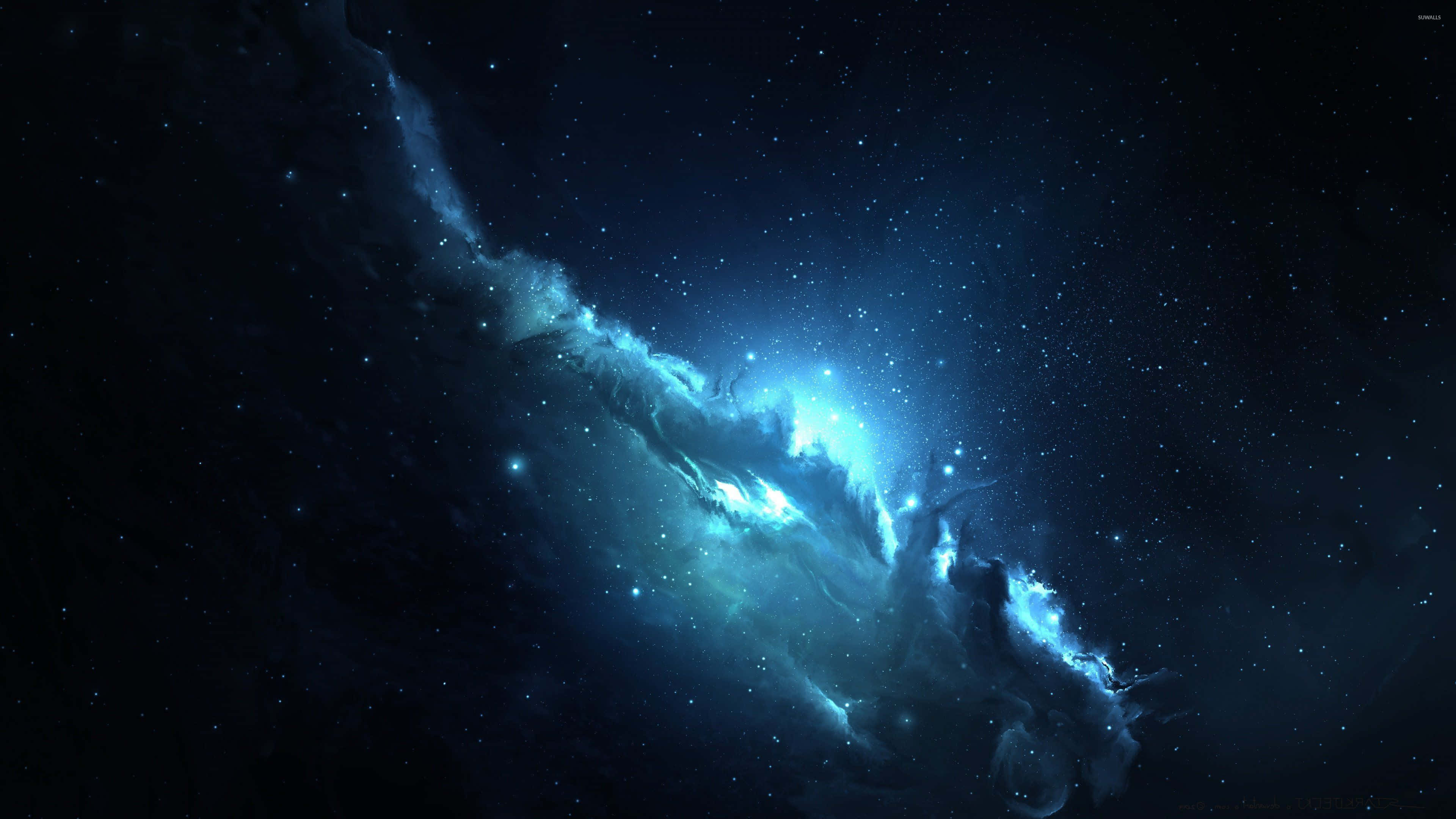 Blue Space 桌布 壁紙 — 一團明亮的藍色星雲在點綴著閃爍星星的黑暗宇宙中旋轉。
