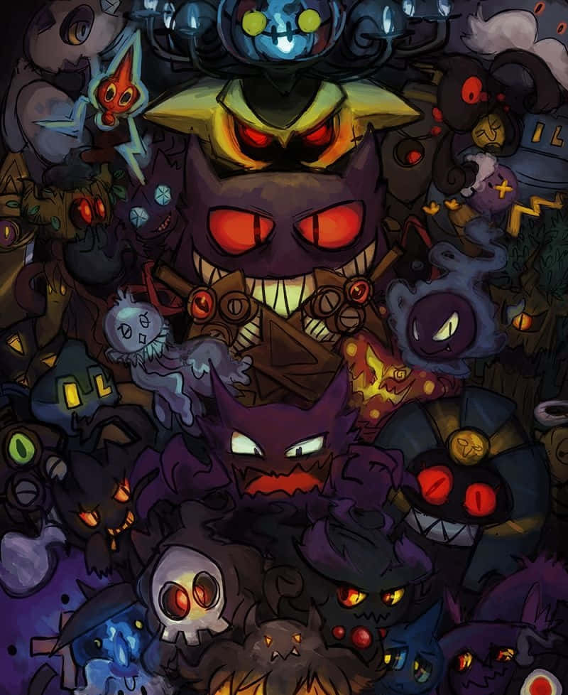 Ghost Pokemon 桌布 壁紙 — 一團混亂的卡通怪物，眼睛發光，牙齒鋒利，色調為深紫色和藍色。