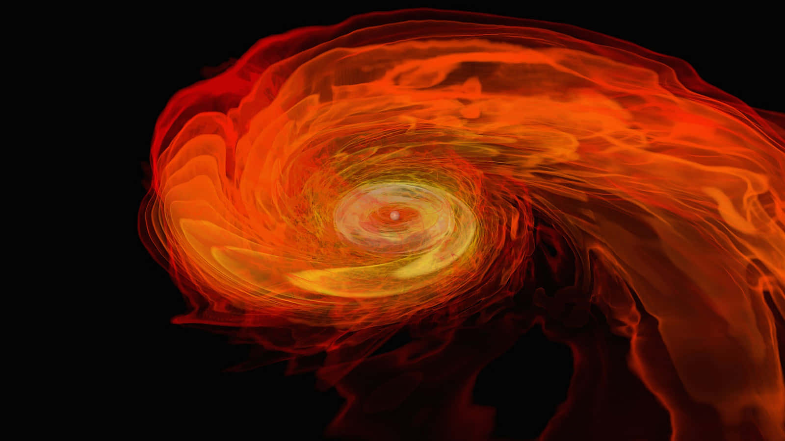 Gravitational Waves 桌布 壁紙 — 一團火橙色和紅色的能量漩渦在黑色虛空中旋轉，散發出強烈的熱量和動感。