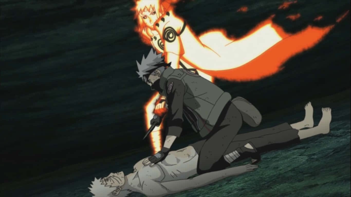 Kakashi And Minato 桌布 壁紙 — 一團火焰狐靈懸浮在一個跪著的忍者上方，忍者手持刀刃對著黑暗水域中倒下的同伴。