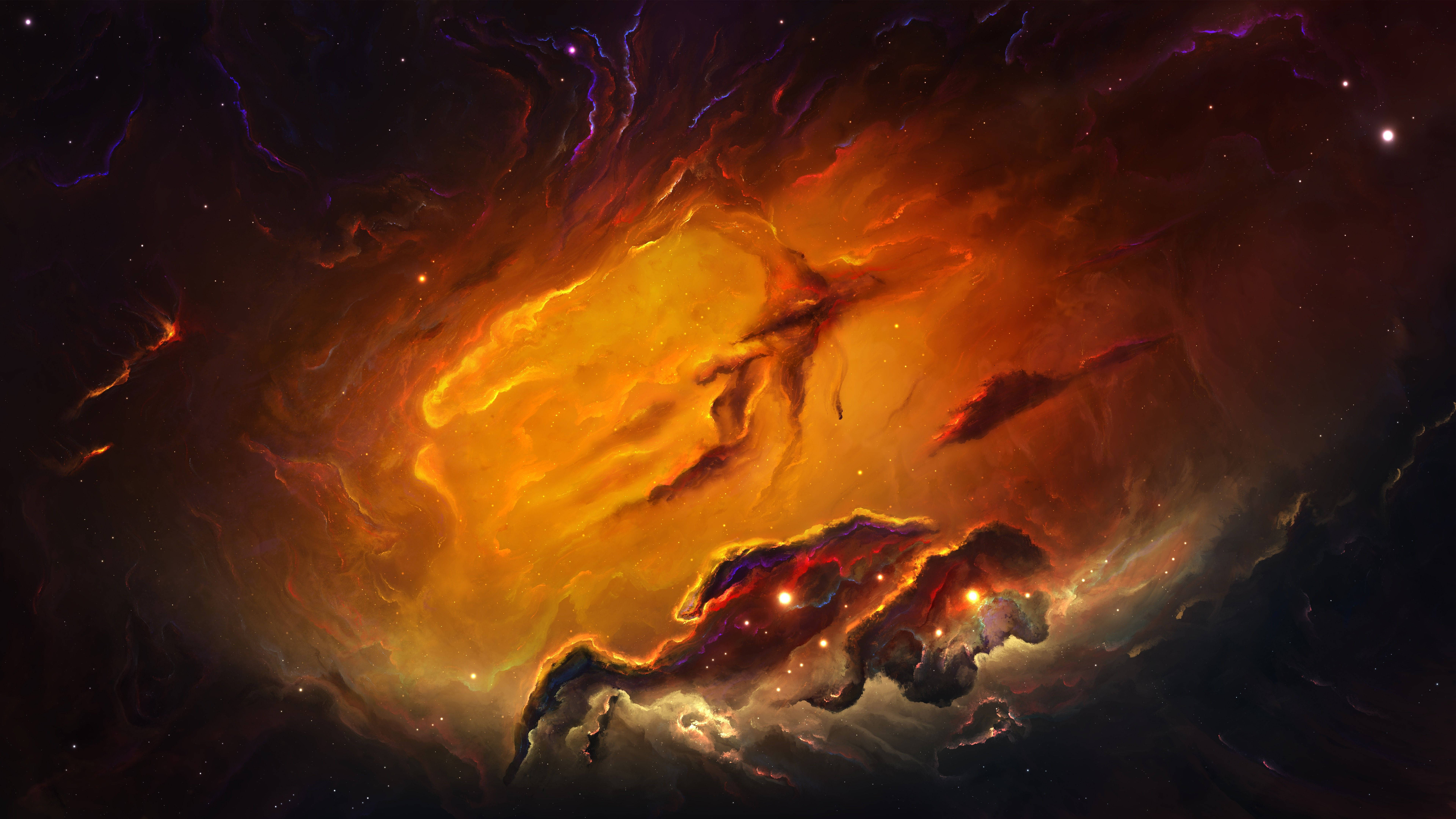 抽象 桌布 壁紙 — 一團火熱的橙色和紫色星雲，在佈滿星辰的宇宙虛空中戲劇性地旋轉，伴隨著發光的氣體雲。
