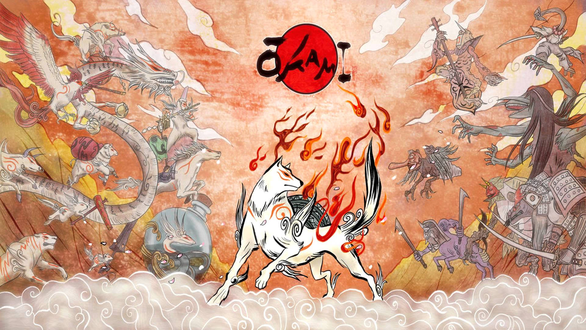 Okami 桌布 壁紙 — 一團火熱的白狐靈在紅日下穿過雲層，置身於神話生物和戰士之間。