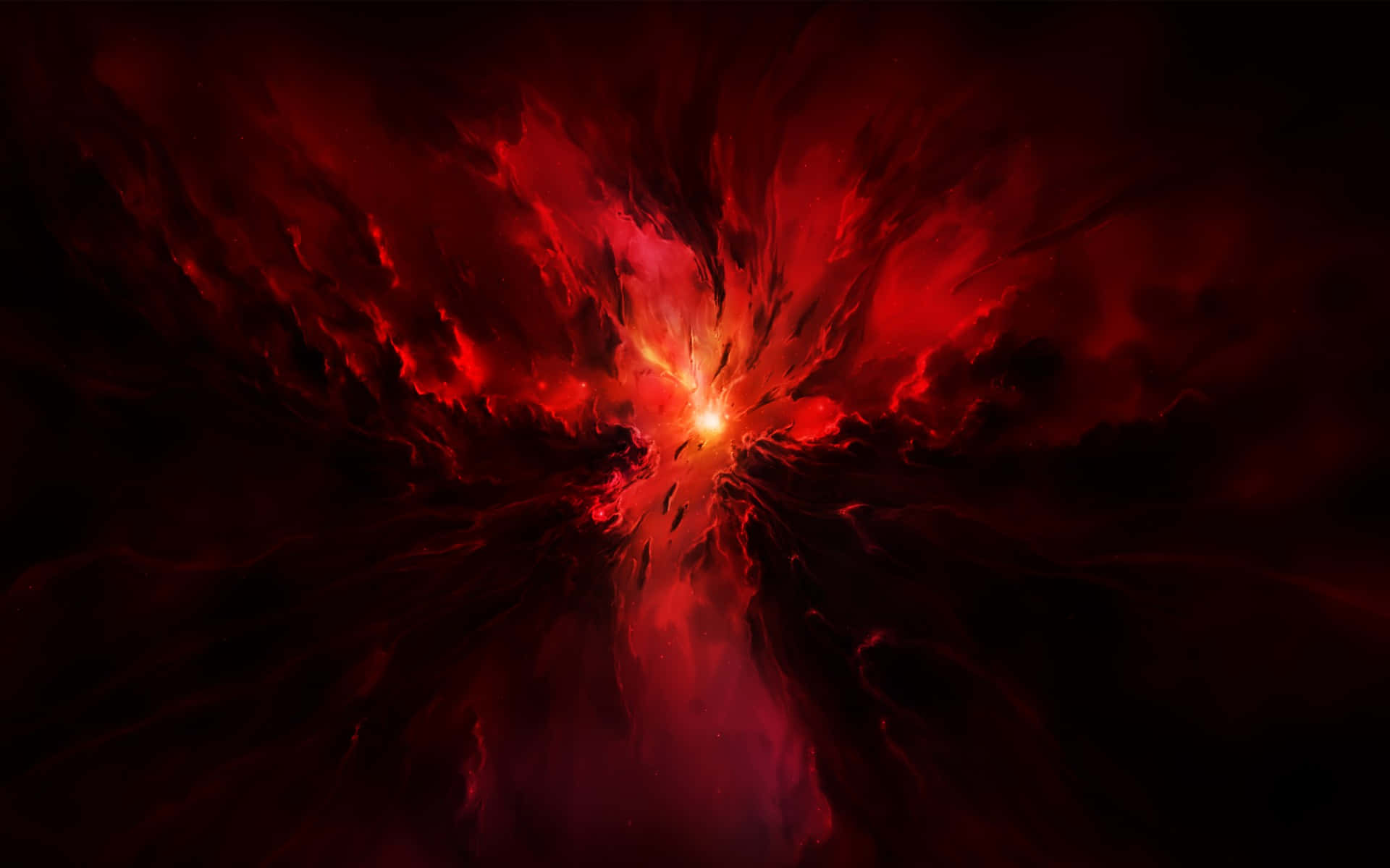Red Space 桌布 壁紙 — 一團火紅與黑色的宇宙能量爆炸從中央明亮核心向黑暗虛空輻射。
