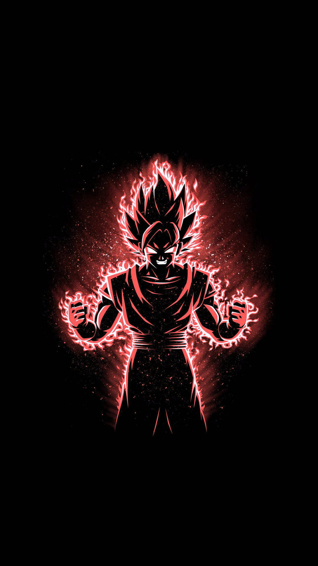 Dbz 桌布 壁紙 — 一團火紅色的光環圍繞著一個擁有尖刺頭髮的強大動漫戰士，背景為黑色。