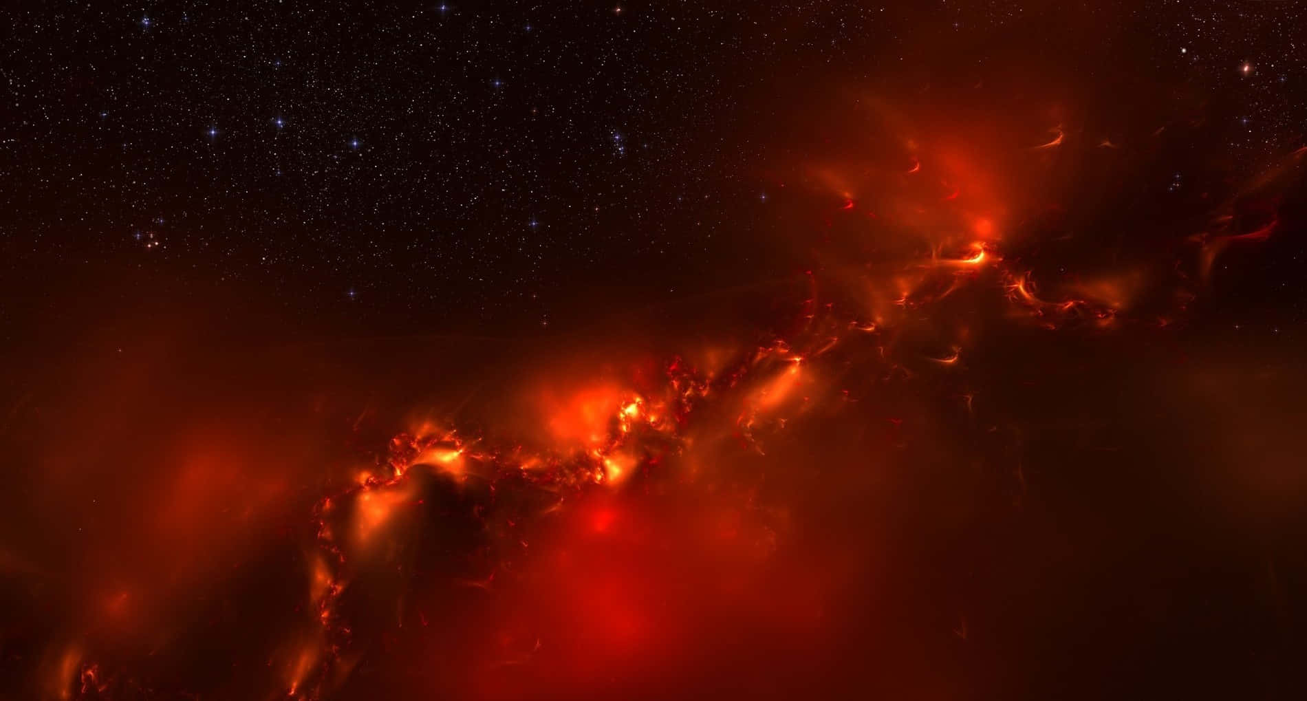 Red Space 桌布 壁紙 — 一團火紅色的星雲在深空的星場中戲劇性地旋轉，散發著宇宙能量。