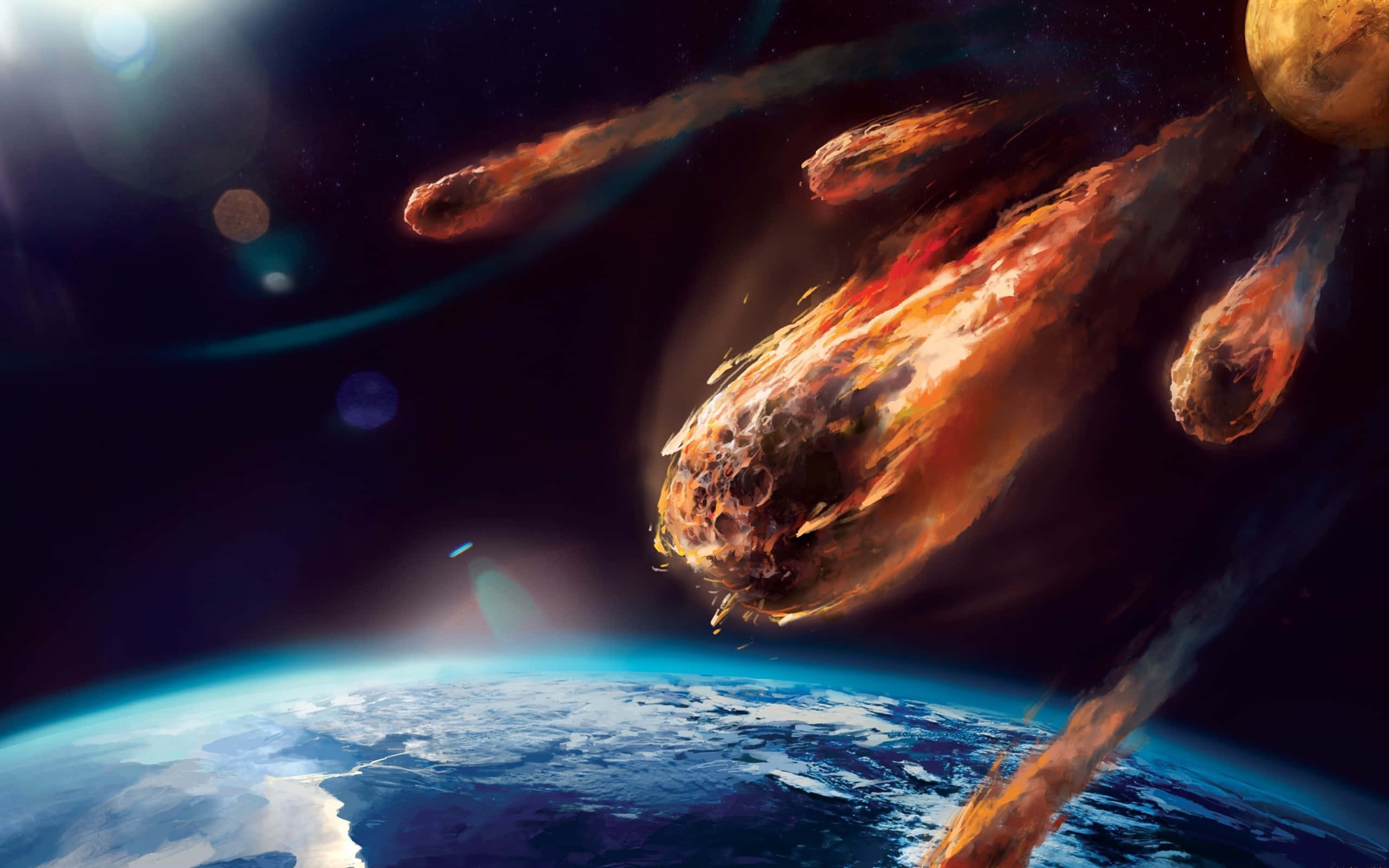 3d Space 桌布 壁紙 — 一團熾熱的小行星群朝著地球飛馳，背景是發光的星星和一顆藍色星球。