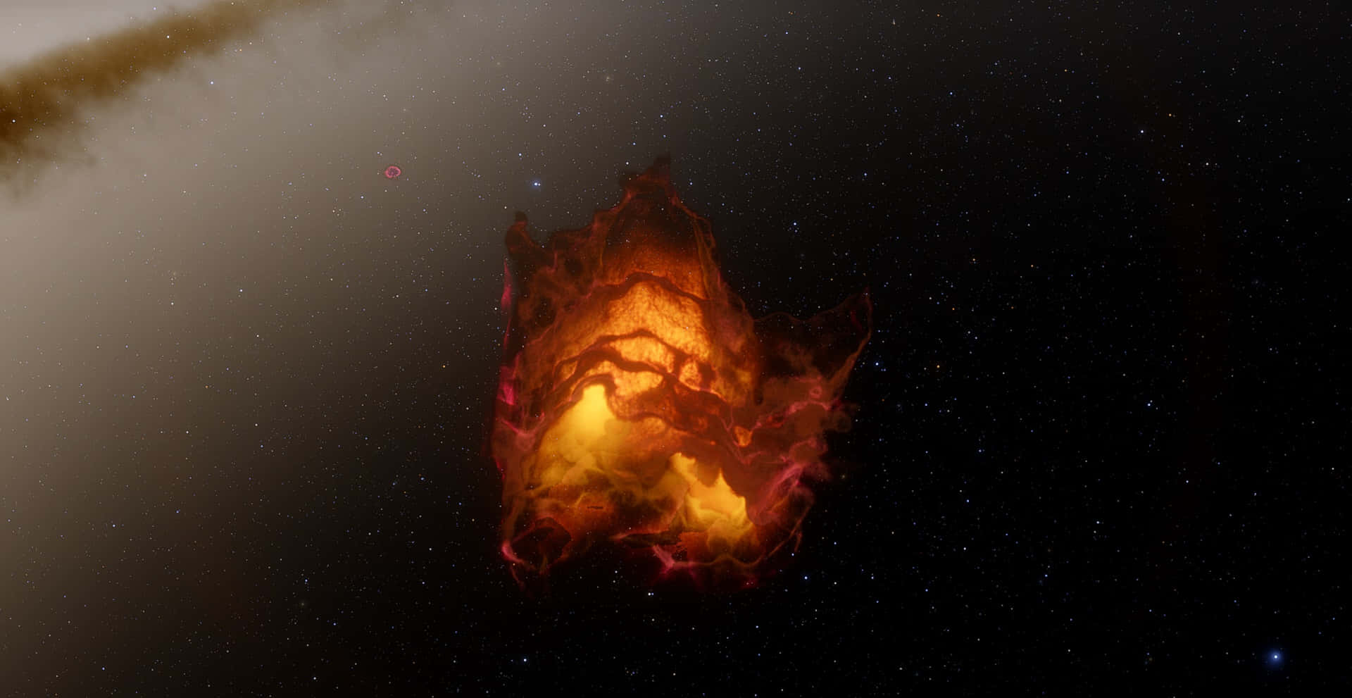 Lava Nebula 壁紙 — 一團熾熱的橙色和紅色星雲在星空背景下發光，上方飄著煙霧般的棕色雲。