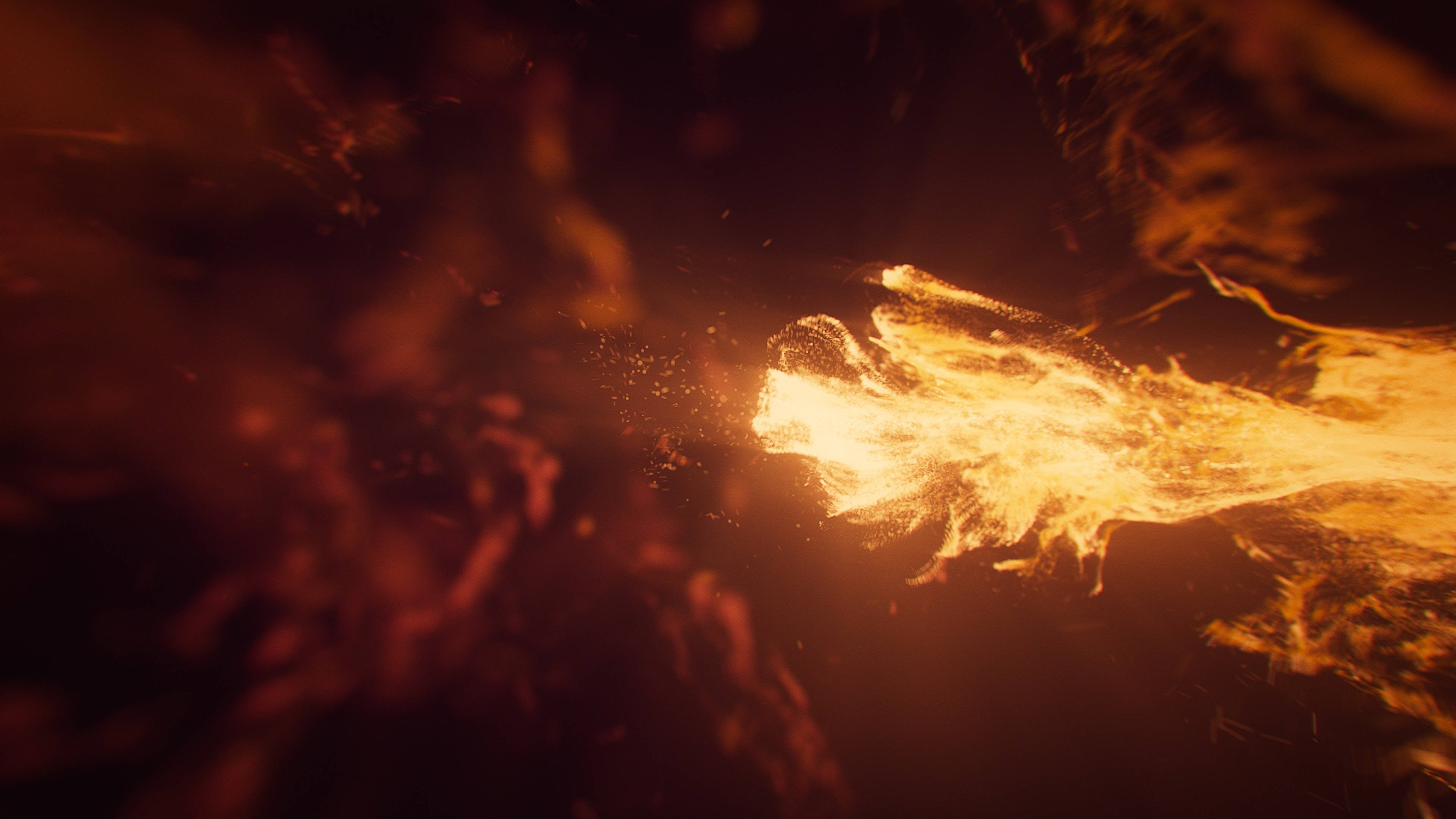 Flame 桌布 壁紙 — 一團熾熱的橙色和黃色火焰在黑暗背景上猛烈爆發，伴隨著發光的餘燼和煙霧。