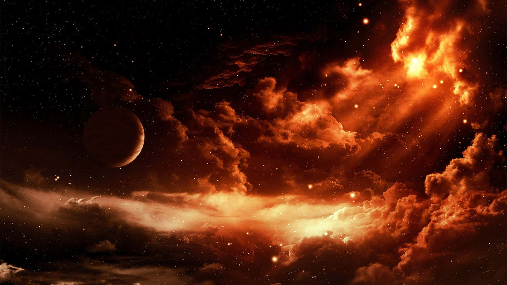 外太空 桌布 壁紙 — 一團熾熱的橙色星雲，帶著發光的雲層和一顆遙遠的行星，漂浮在繁星點點的宇宙中。
