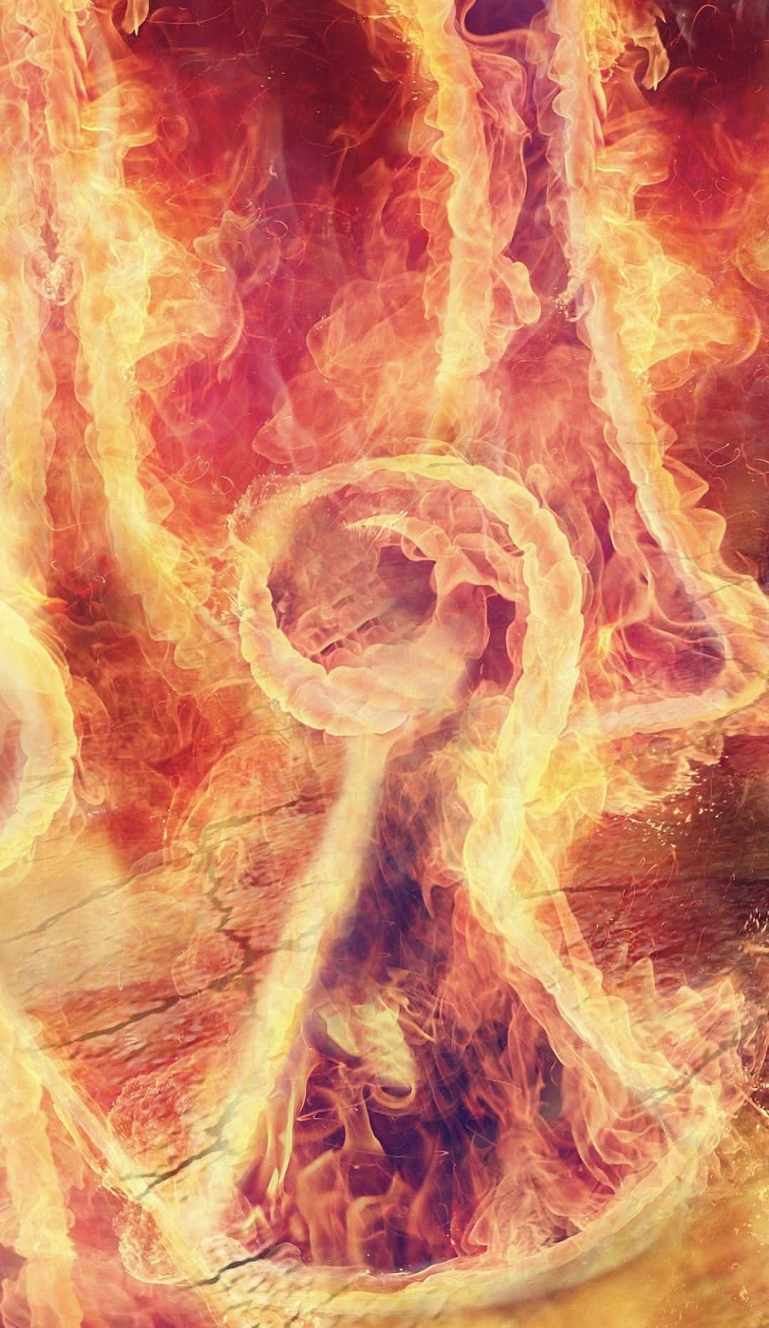Cool Fire 桌布 壁紙 — 一團由橙色、黃色和紅色火焰組成的熾熱抽象漩渦，在深色紋理背景上動態舞動。