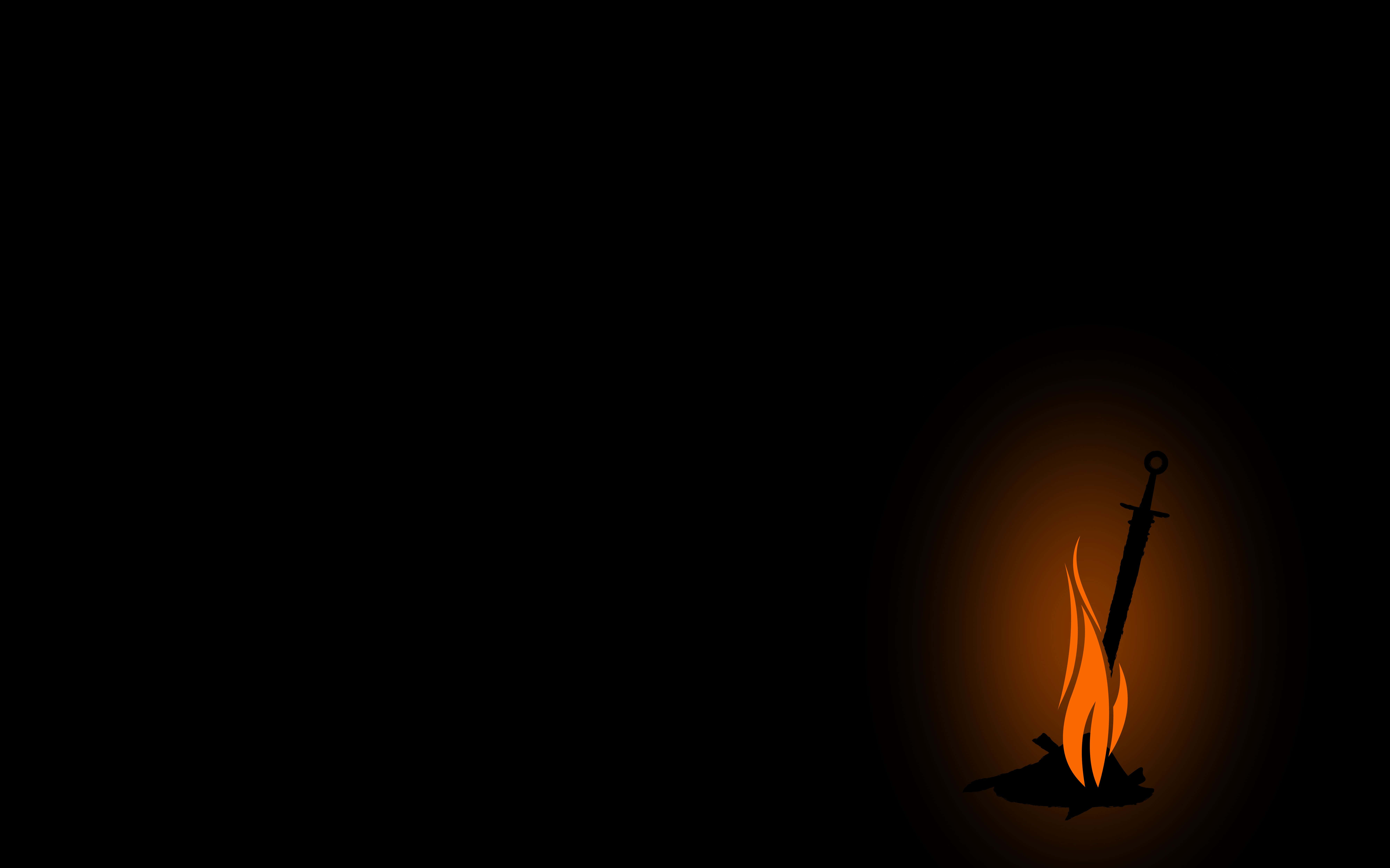 Dark Souls Bonfire 桌布 壁紙 — 一團發光的橙色火焰照亮了劍的輪廓，背景是深邃的黑色。
