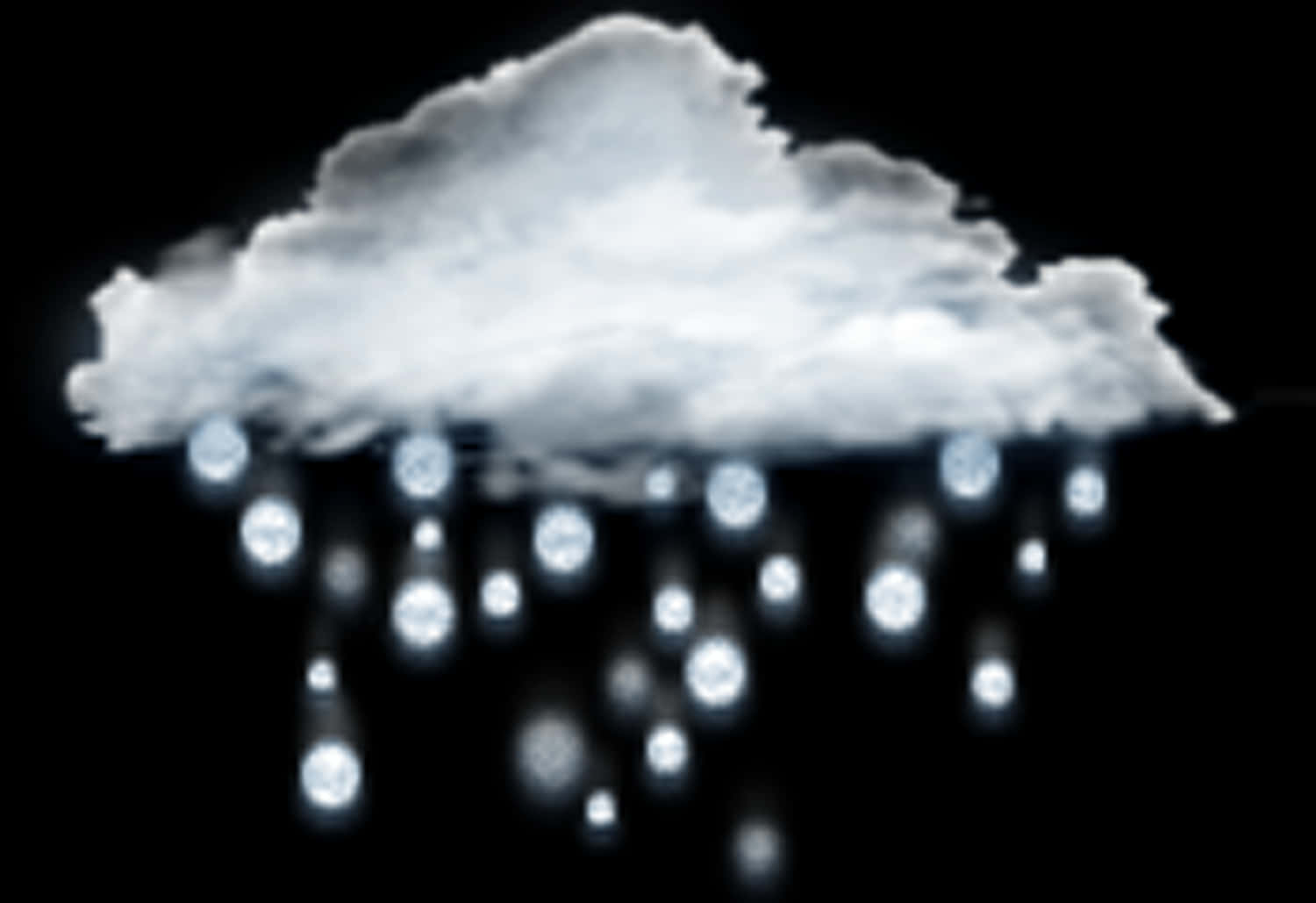 Raindrops 桌布 壁紙 — 一團發光的白色雲朵在漆黑的背景上降下發光的球體。