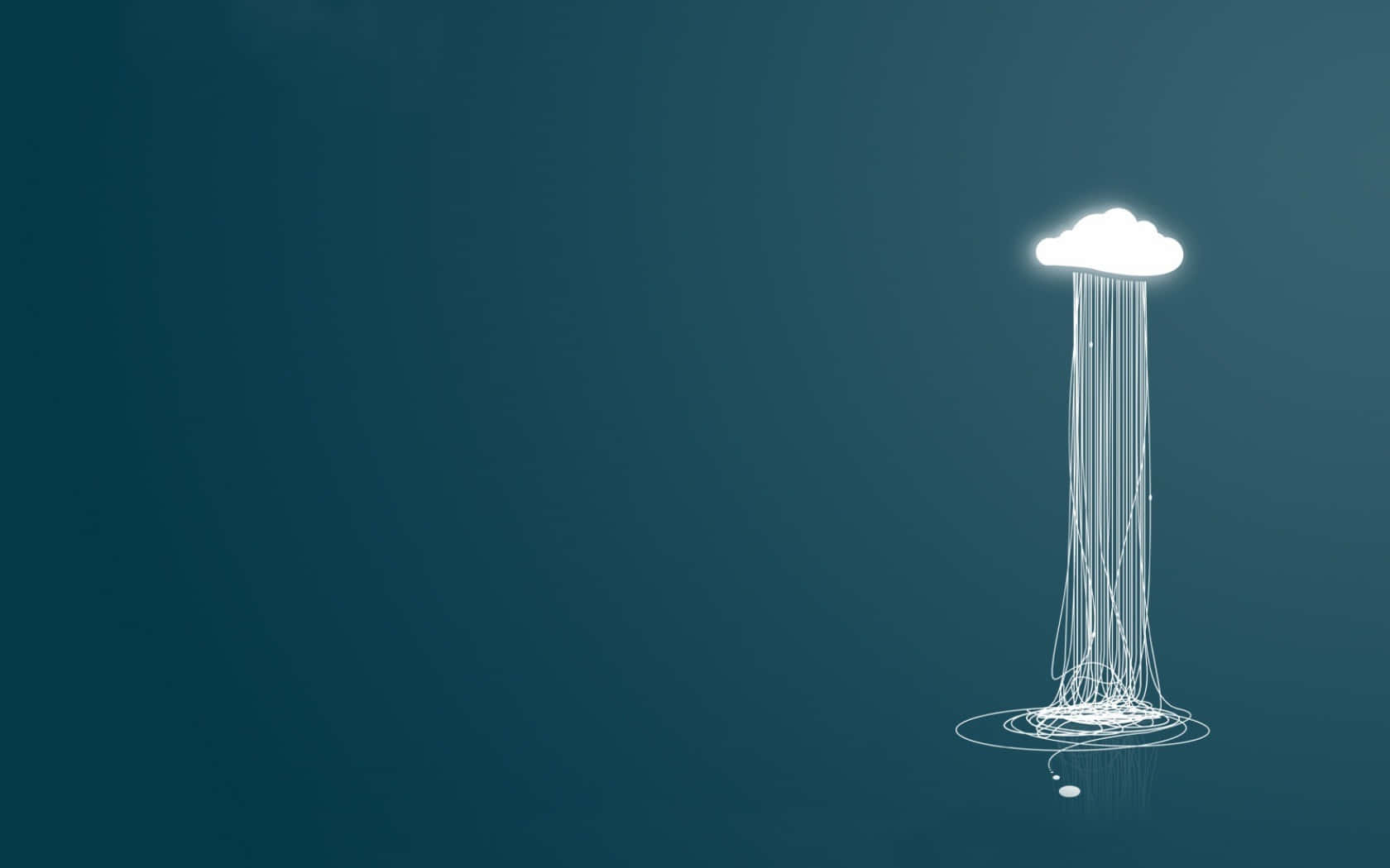 Beautiful Minimalist 桌布 壁紙 — 一團發光的白色雲朵將發光的雨線傾瀉到一個反射的水坑上，背景是深青綠色。
