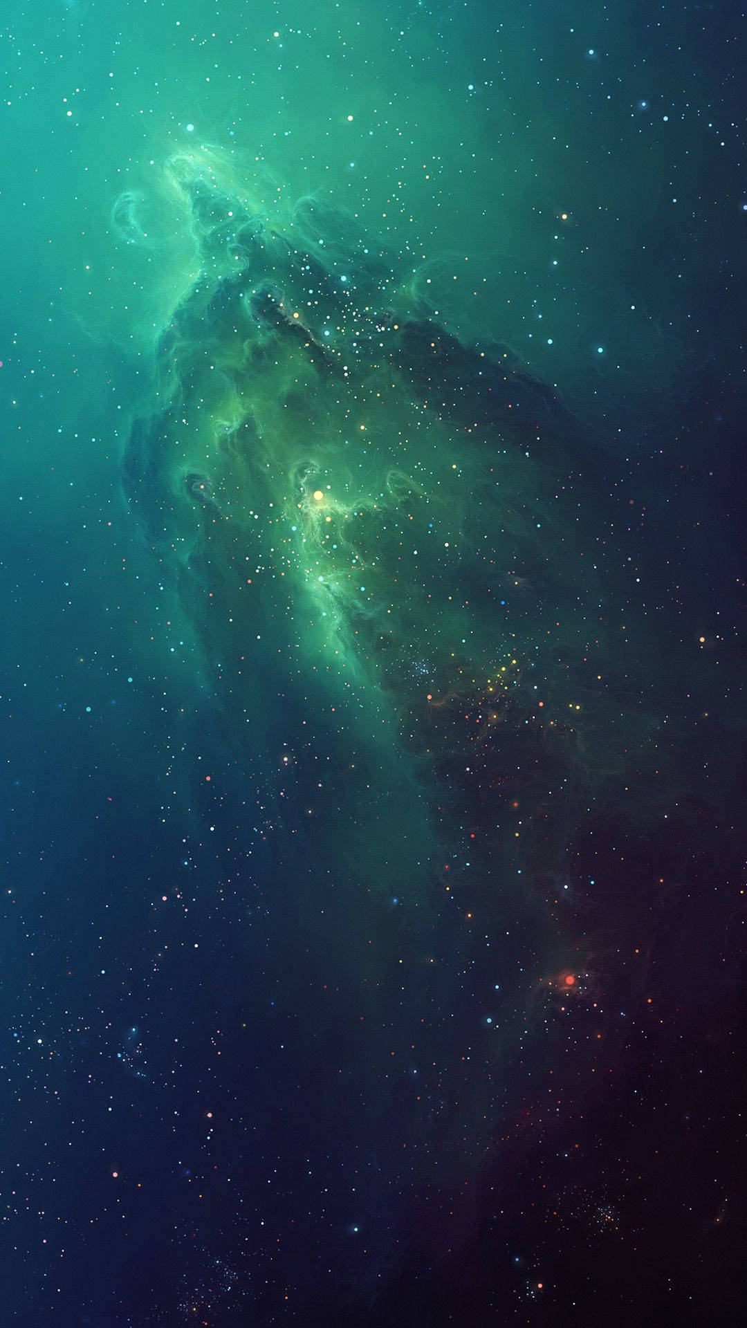 高清 桌布 壁紙 — 一團發光的綠色星雲在深邃的太空中旋轉，點綴著閃爍的星星，背景是黑暗的宇宙。
