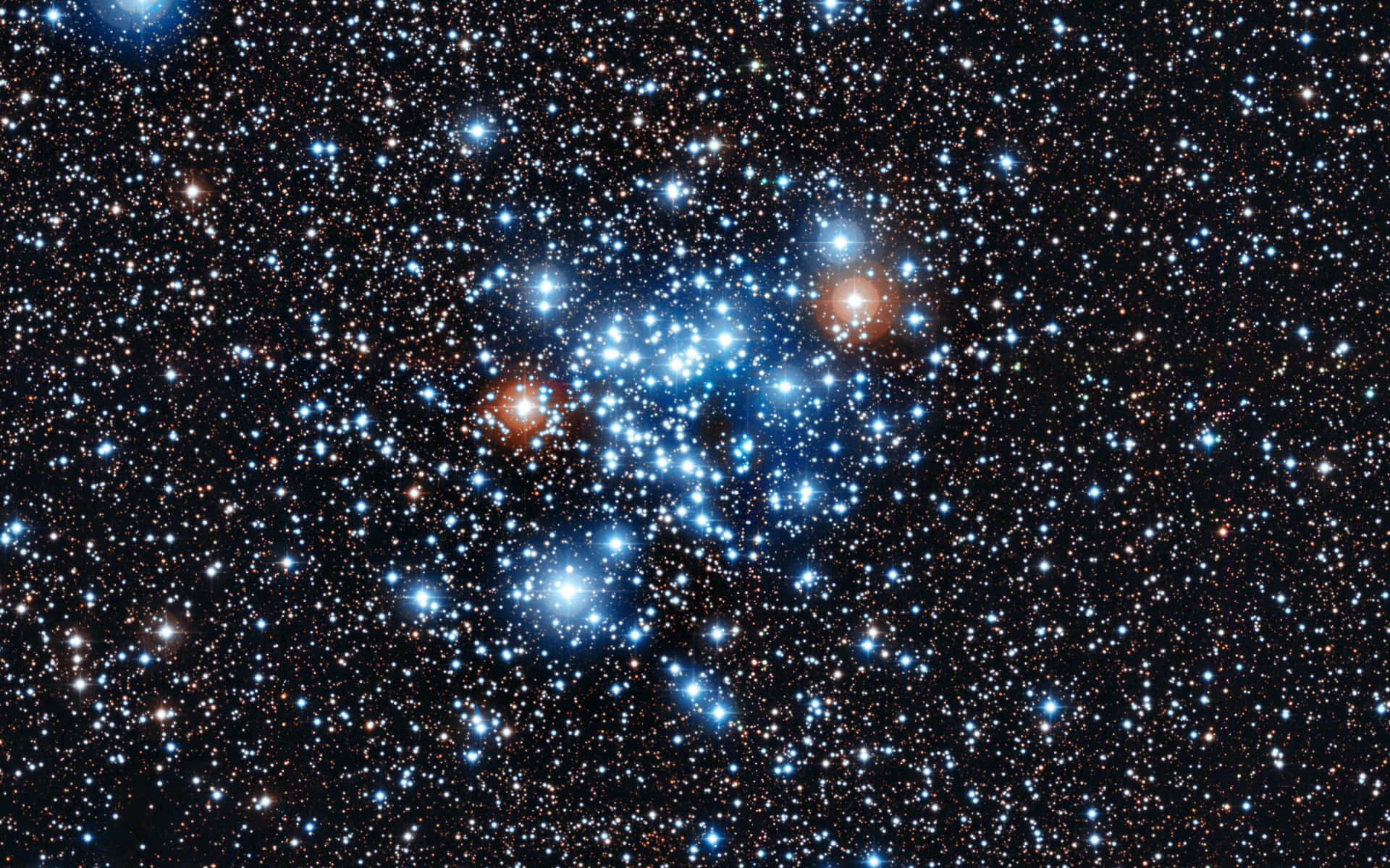 Star Cluster 桌布 壁紙 — 一團耀眼的藍色和橙色星星在深邃的黑色宇宙虛空中閃爍，虛空充滿了無數遙遠的光點。