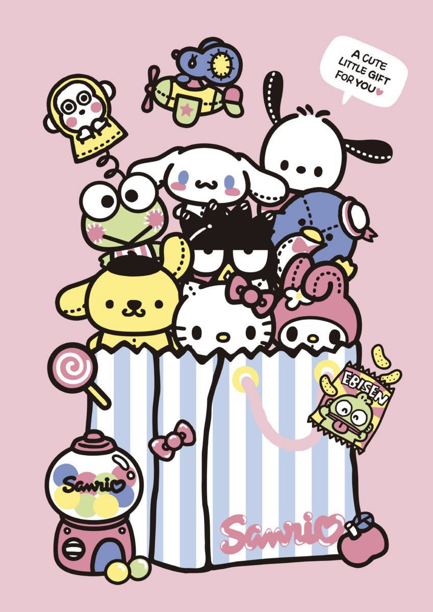 Cute Sanrio 桌布 壁紙 — 一堆Sanrio角色從一個條紋袋中溢出，周圍是糖果和零食，背景為粉紅色。