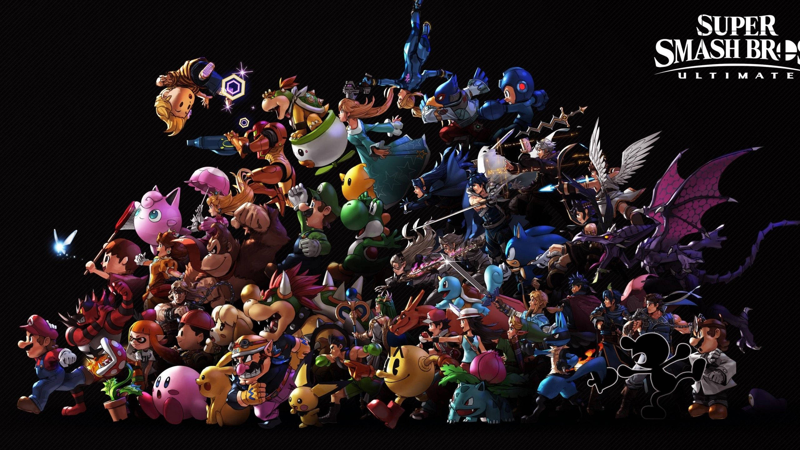 Smash Bros Ultimate 桌布 壁紙 — 一堆充滿動感的經典《任天堂明星大亂鬥 特別版》角色，從黑暗背景中迸發而出，色彩鮮豔，姿勢充滿活力。