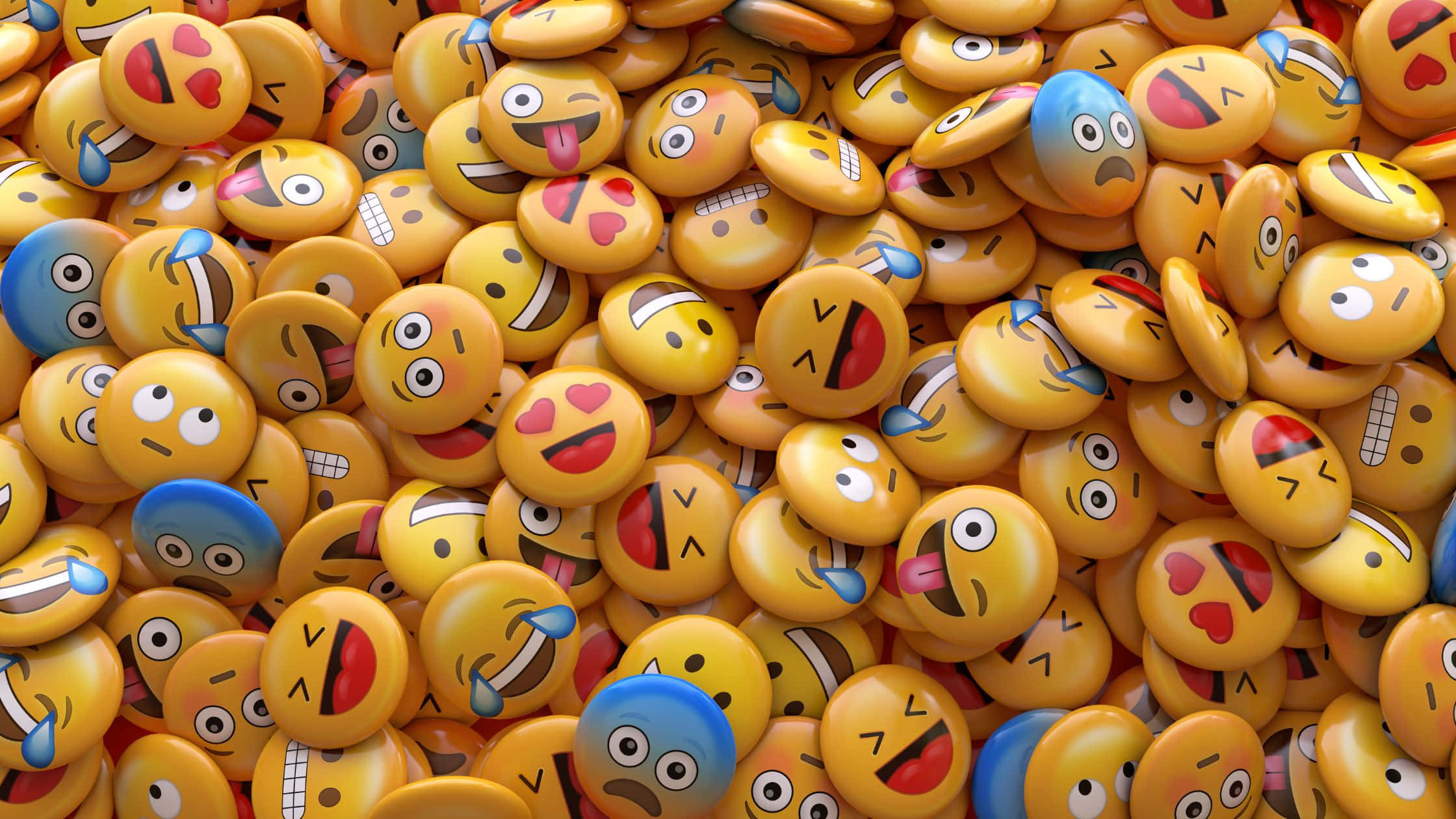 Smile 桌布 壁紙 — 一堆充滿活力的3D渲染表情符號按鈕，展示開心、大笑和心形眼睛的表情。