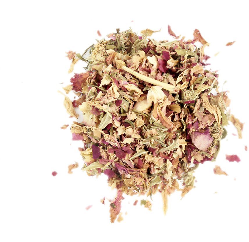 菊花 桌布 壁紙 — 一堆充滿活力的乾燥花草茶葉和花瓣，以大地色調呈現，背景為鮮明的黑色。