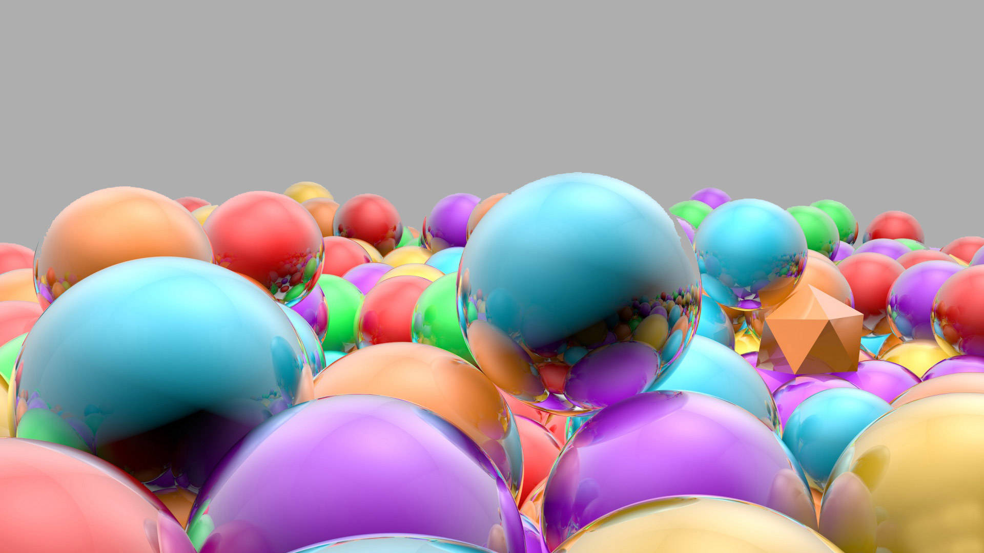 best 3d HD 桌布 壁紙 — 一堆充滿活力的光澤多色球體，其中一個半透明藍色球體反射著周圍色彩的混亂。