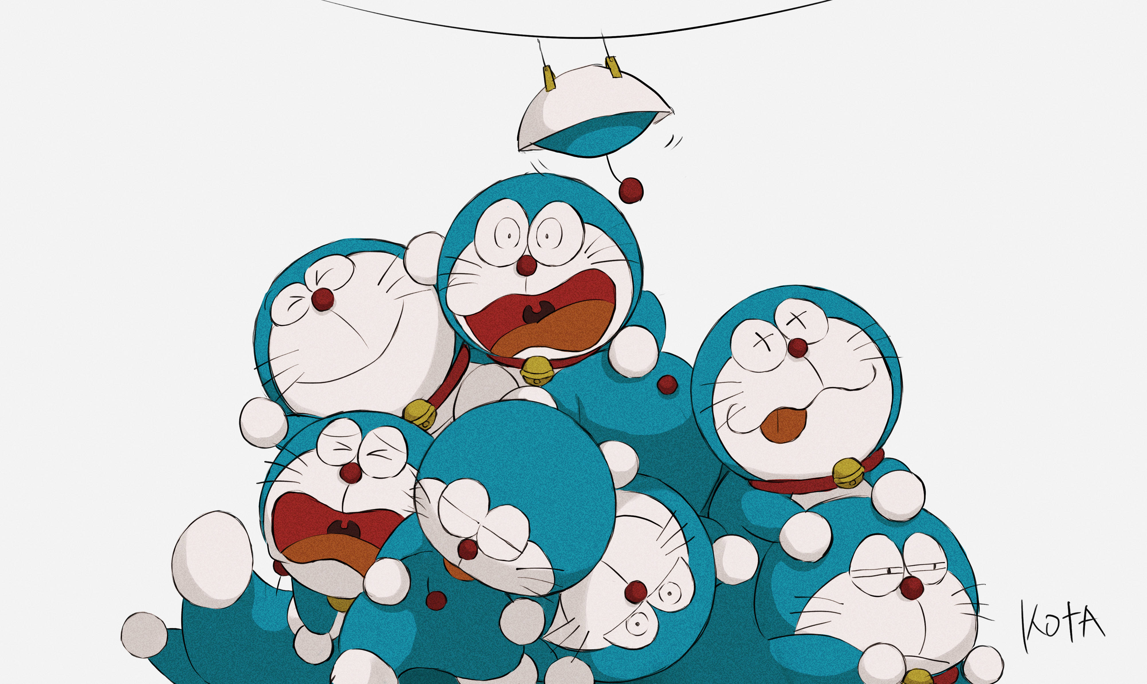 Doraemon 桌布 壁紙 — 一堆卡通哆啦A夢角色，身穿藍色機器人套裝，表情各異，背景為純白色。