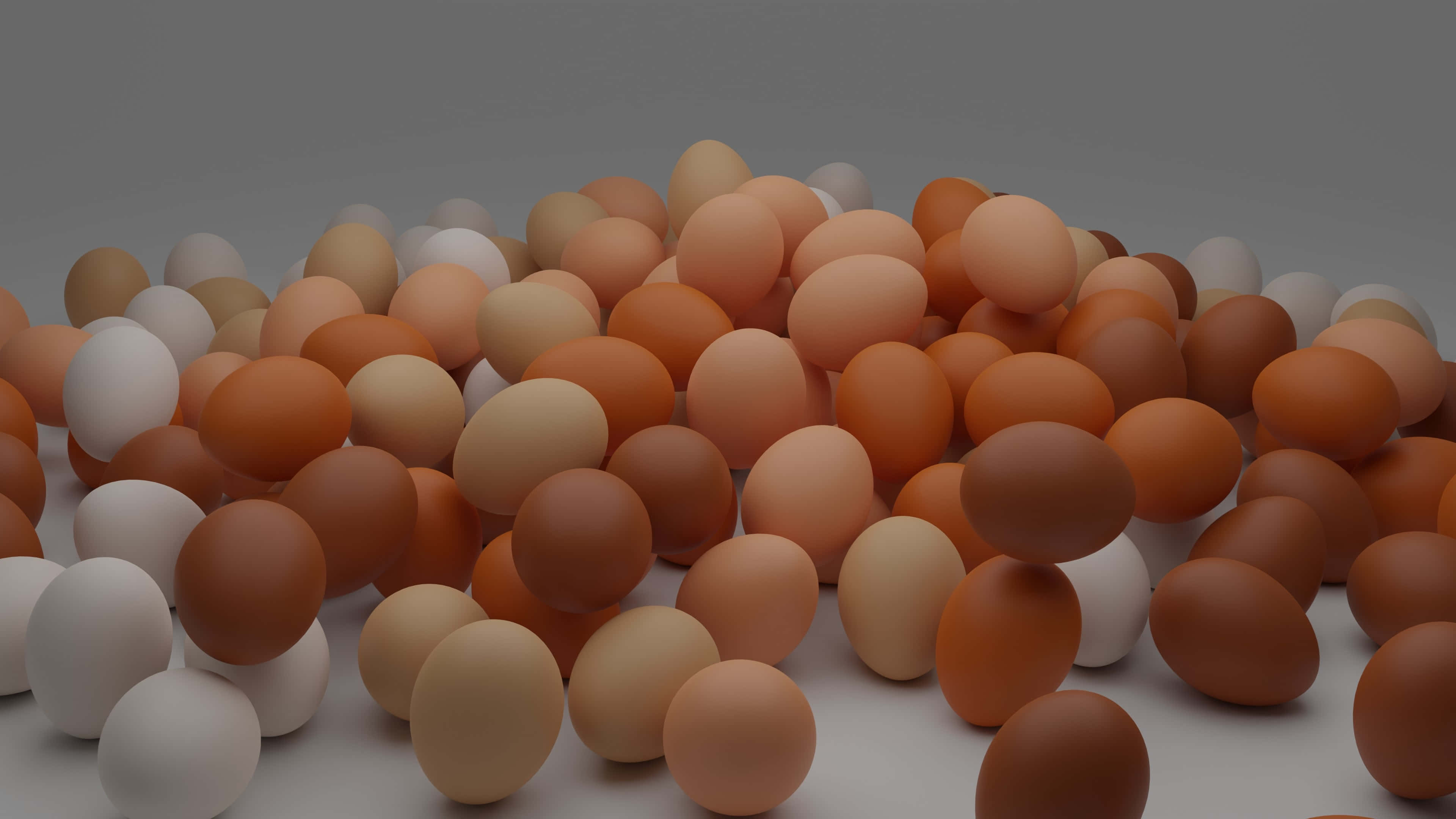 Brown Eggs 桌布 壁紙 — 一堆各種棕色和白色的雞蛋散落在中性灰色表面上，帶有柔和陰影。