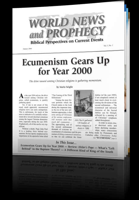 Newspaper 桌布 壁紙 — 一堆名為「World News and Prophecy」的復古宗教新聞雜誌，標題關於合一運動和2000年。