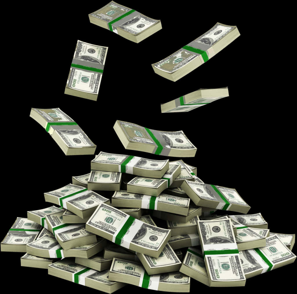 Money Flying 桌布 壁紙 — 一堆堆百元美鈔如雨般落下，在純黑背景上堆積起來。