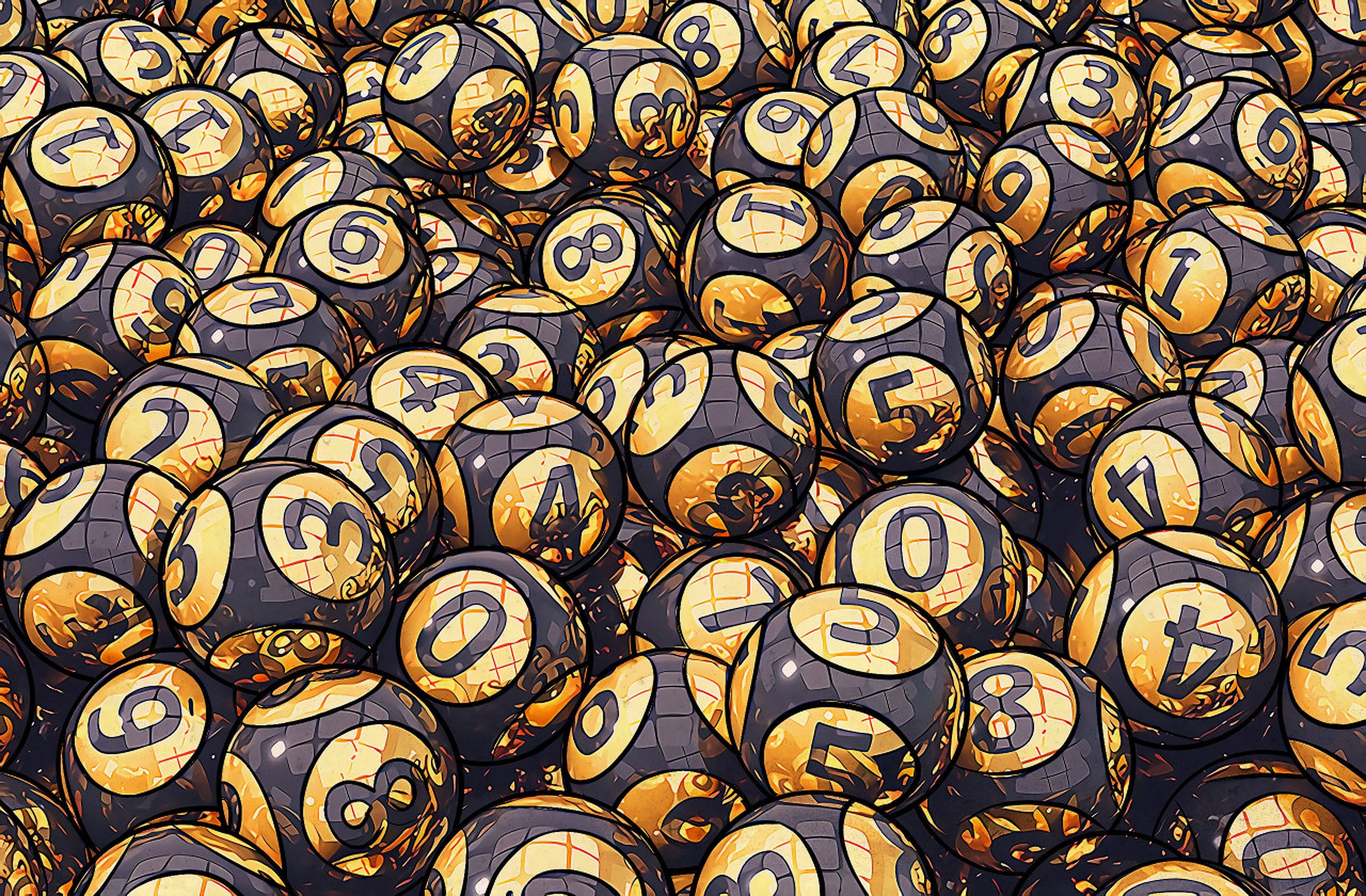 Lottery 桌布 壁紙 — 一堆密集的光澤黑色和金色彩票球，表面散佈著粗體數字。