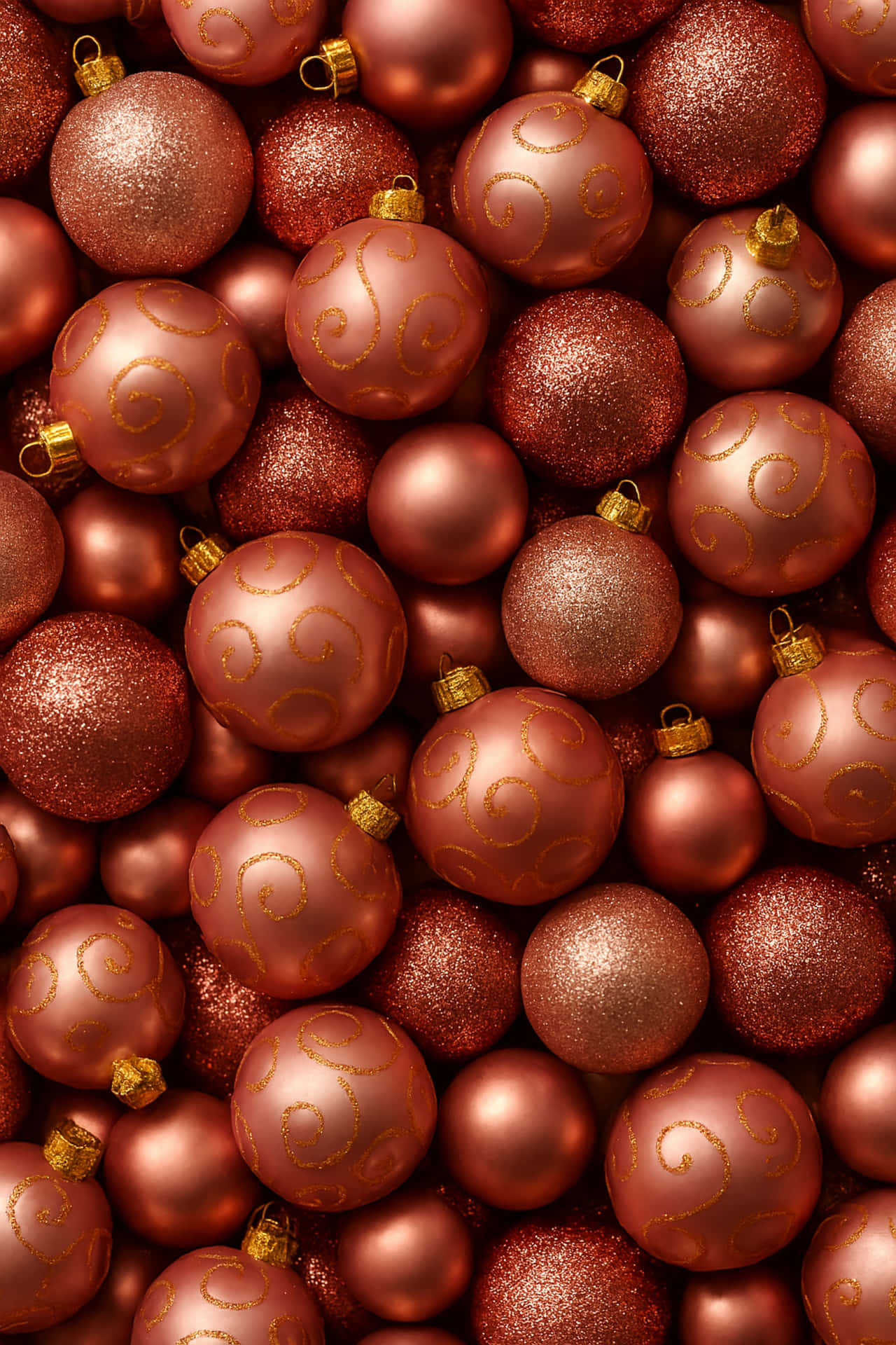 Rosé balls 壁紙 — 一堆密集的玫瑰金色聖誕裝飾，帶有金色漩渦和閃爍質感。