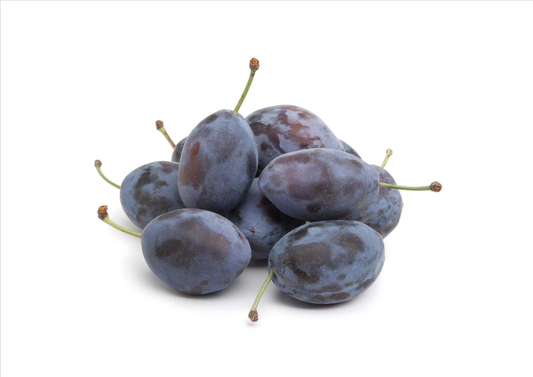 Fruit 桌布 壁紙 — 一堆成熟的深紫色李子，帶有綠色莖，聚集在純白色背景上。