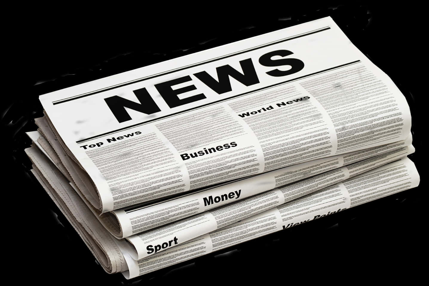 報紙 桌布 壁紙 — 一堆折疊報紙，帶有粗體標題如 Top News Business 和 Sport，置於深色反光表面上。