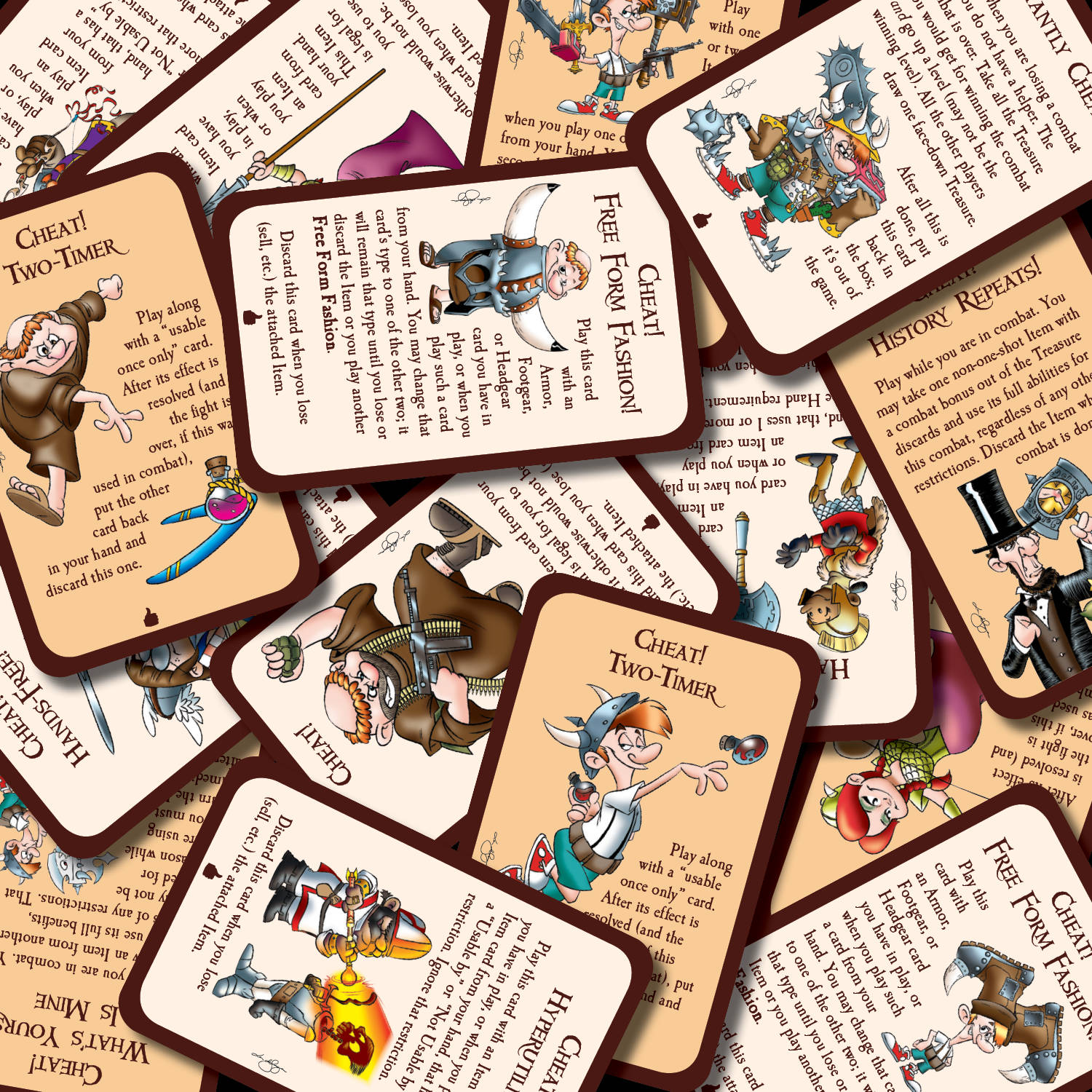 Playing Cards 桌布 壁紙 — 一堆散落的插圖遊戲卡，描繪卡通風格的維京人和歷史人物，帶有幽默規則和鮮豔色彩。