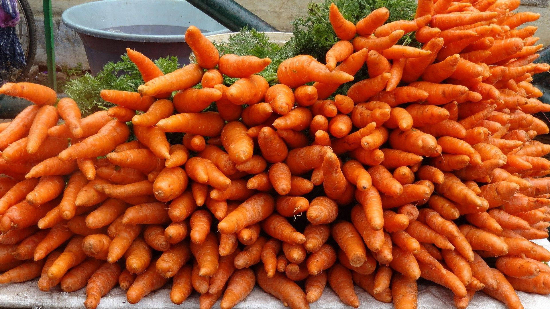 Healthy Food 桌布 壁紙 — 一堆新鮮的橙色胡蘿蔔，頂部帶有綠色葉子，高高堆疊在市場攤位上。