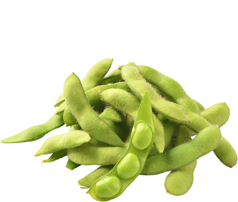 Soybean 桌布 壁紙 — 一堆新鮮的綠色毛豆莢，其中一個裂開，露出飽滿的豆子，襯托在黑色背景上。