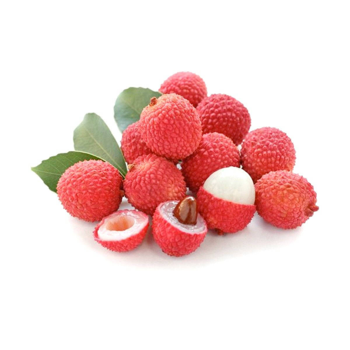 Fruits 桌布 壁紙 — 一堆新鮮紅色荔枝配綠葉，其中一個裂開露出白色果肉和棕色果核。