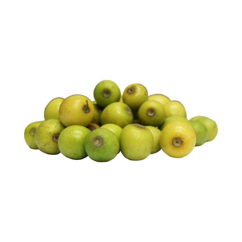 Fruits 桌布 壁紙 — 一堆新鮮綠色和黃色圓形水果，帶有莖，放在潔白背景上。