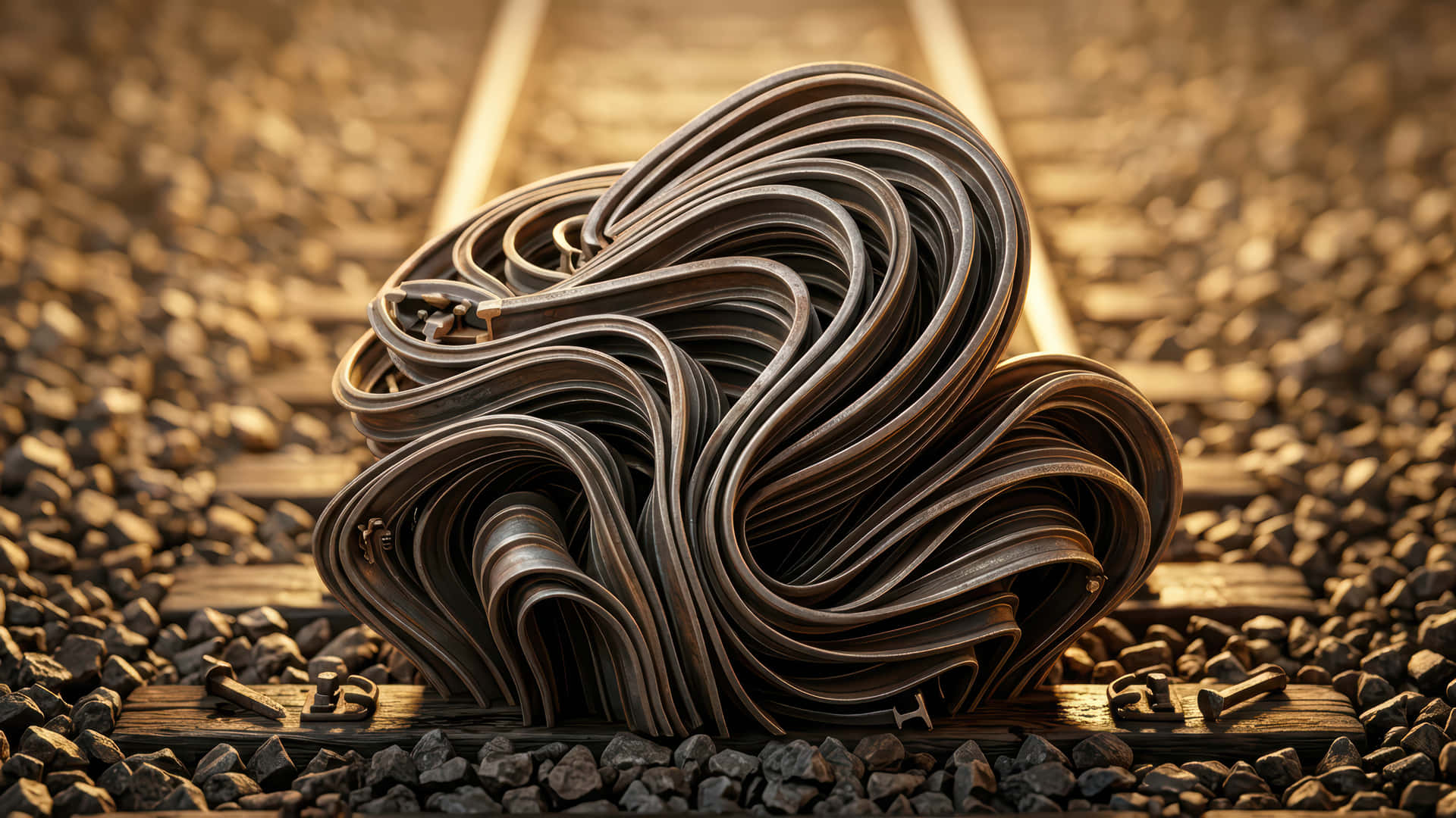 Railroad Bloom modded wallpaper for desktop Enhancement, 壁紙 — 一堆旋轉的深色金屬欄杆躺在木枕木上，周圍是沐浴在溫暖金色光線中的碎石軌道。